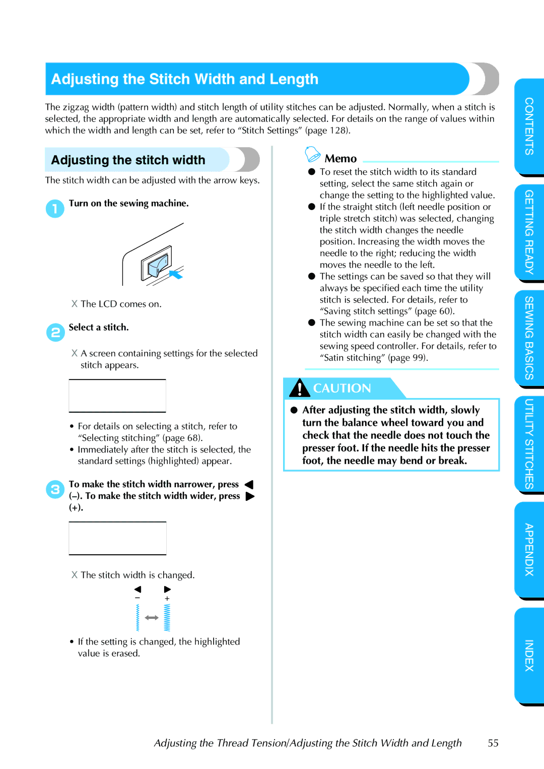 Brother PC-420PRW manual Adjusting the Stitch Width and Length, Adjusting the stitch width, 2Select a stitch 