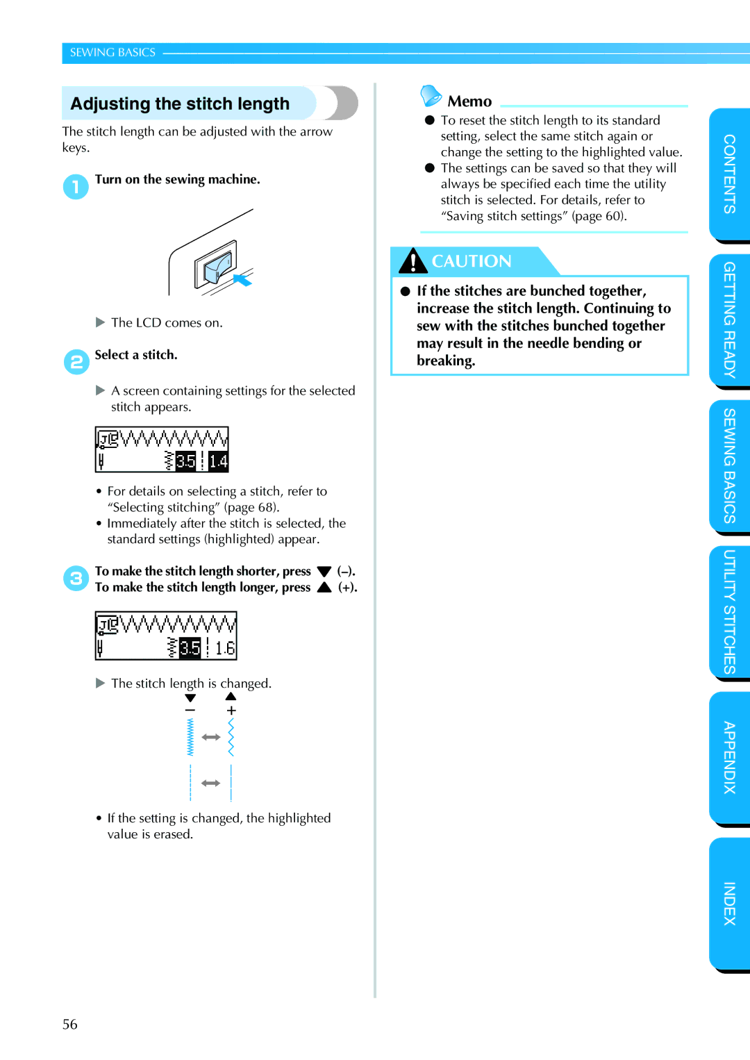 Brother PC-420PRW manual Adjusting the stitch length 