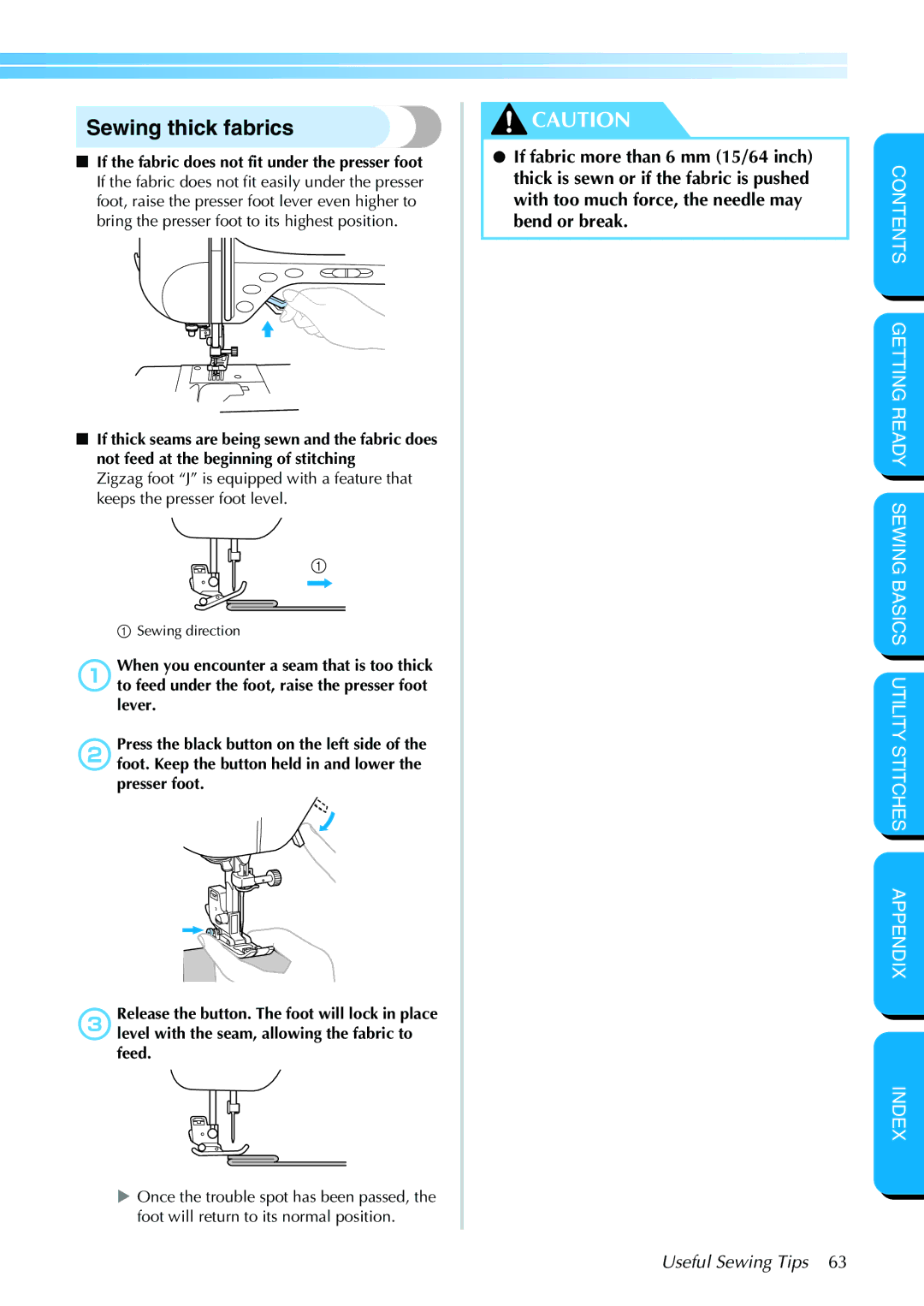 Brother PC-420PRW manual Sewing thick fabrics, Useful Sewing Tips 