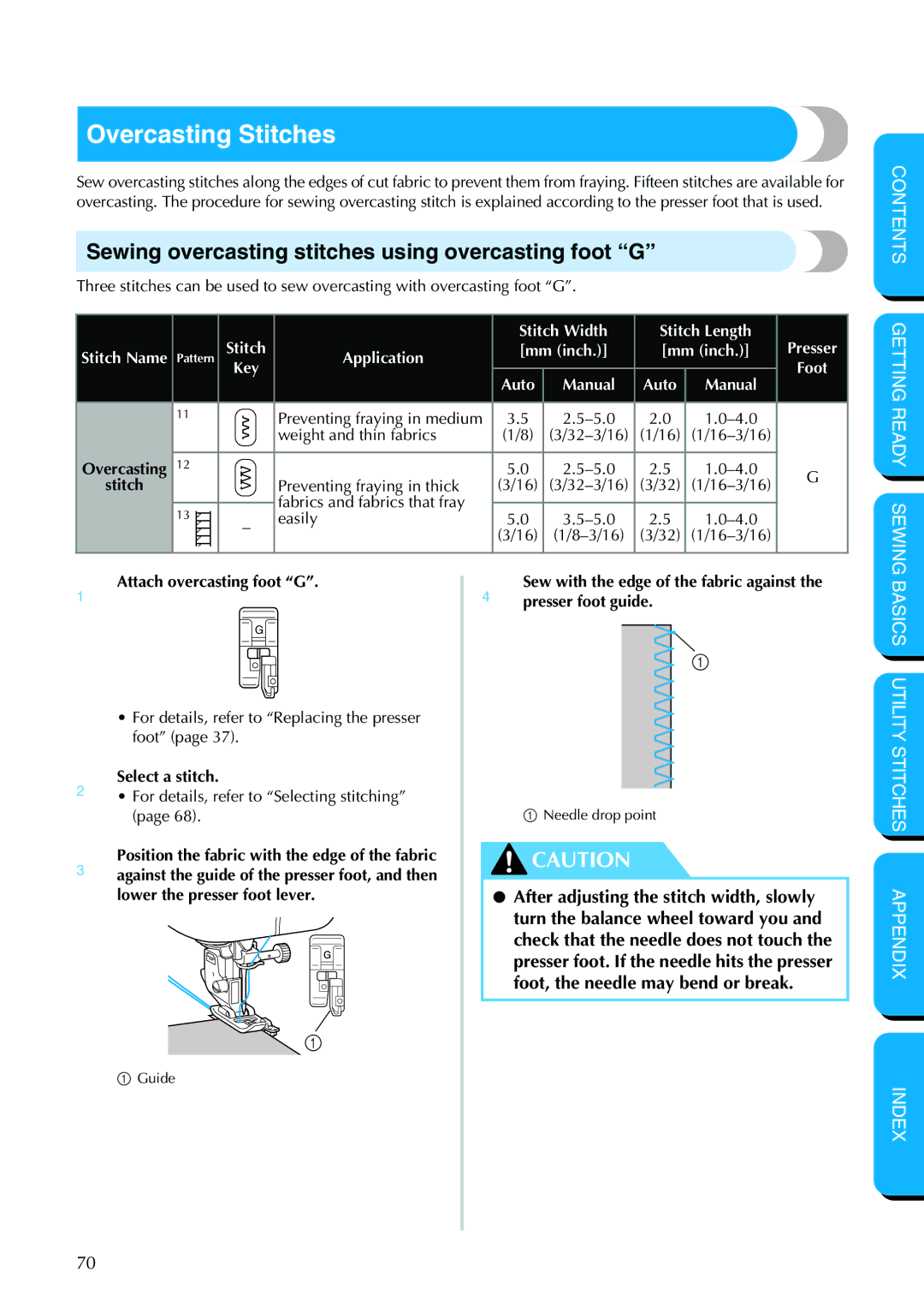 Brother PC-420PRW manual Overcasting Stitches, Sewing overcasting stitches using overcasting foot G 