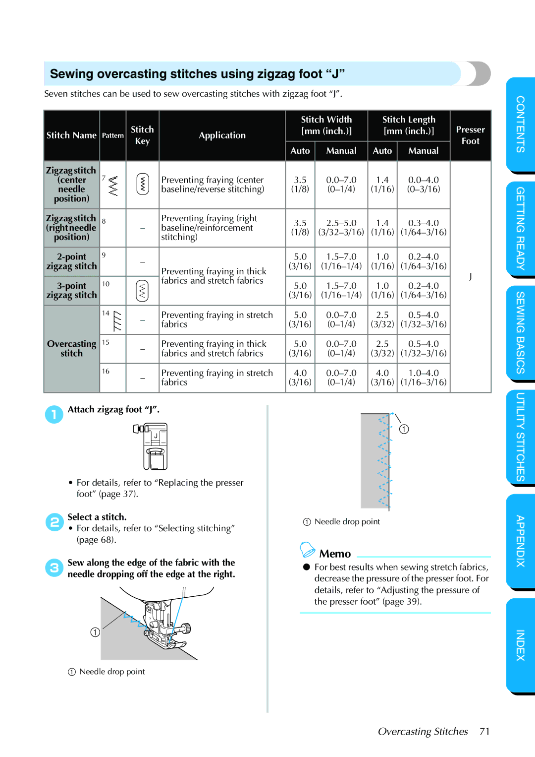 Brother PC-420PRW manual Sewing overcasting stitches using zigzag foot J, Overcasting Stitches, 1Attach zigzag foot J 