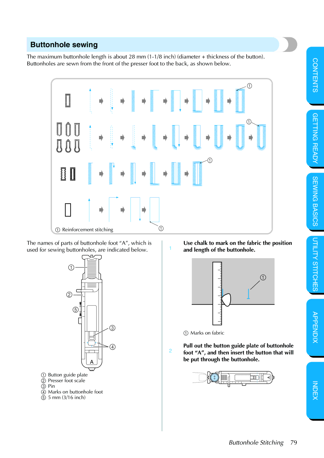 Brother PC-420PRW manual Buttonhole sewing, Buttonhole Stitching 