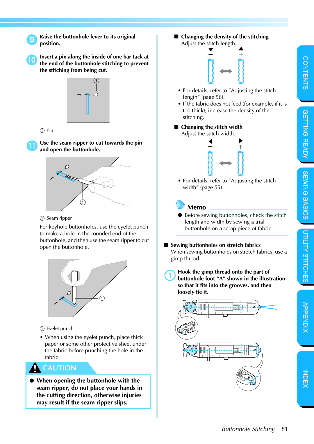 Brother PC-420PRW manual Sewing buttonholes on stretch fabrics 