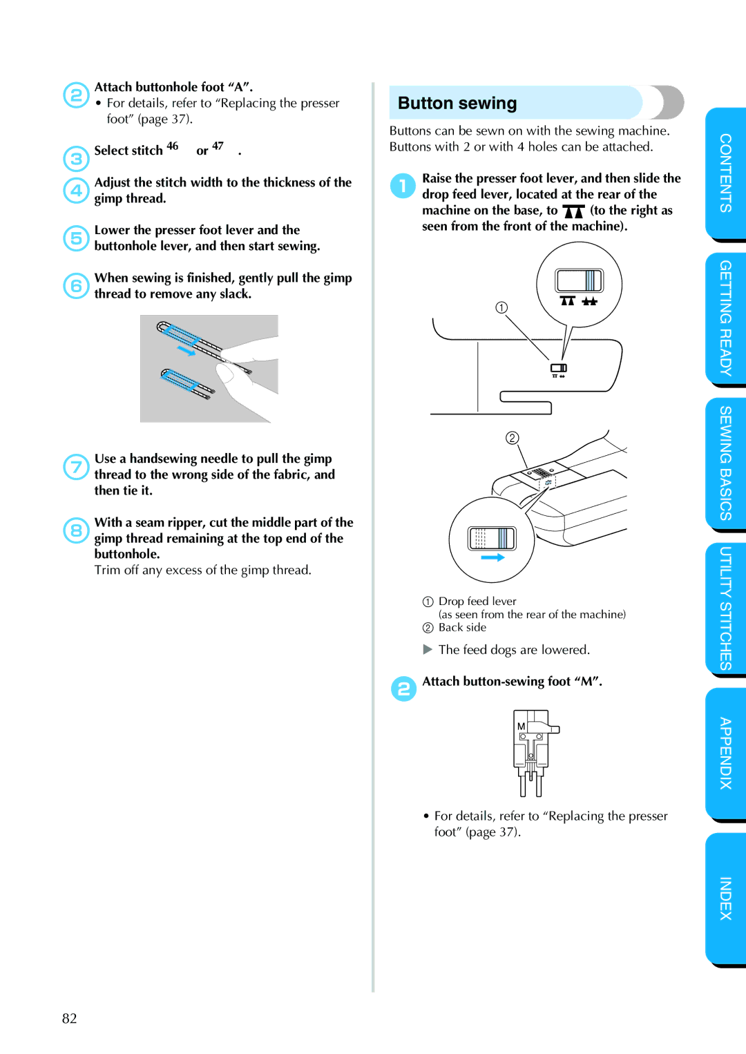 Brother PC-420PRW manual Button sewing, 2Attach buttonhole foot a, Attach button-sewing foot M 