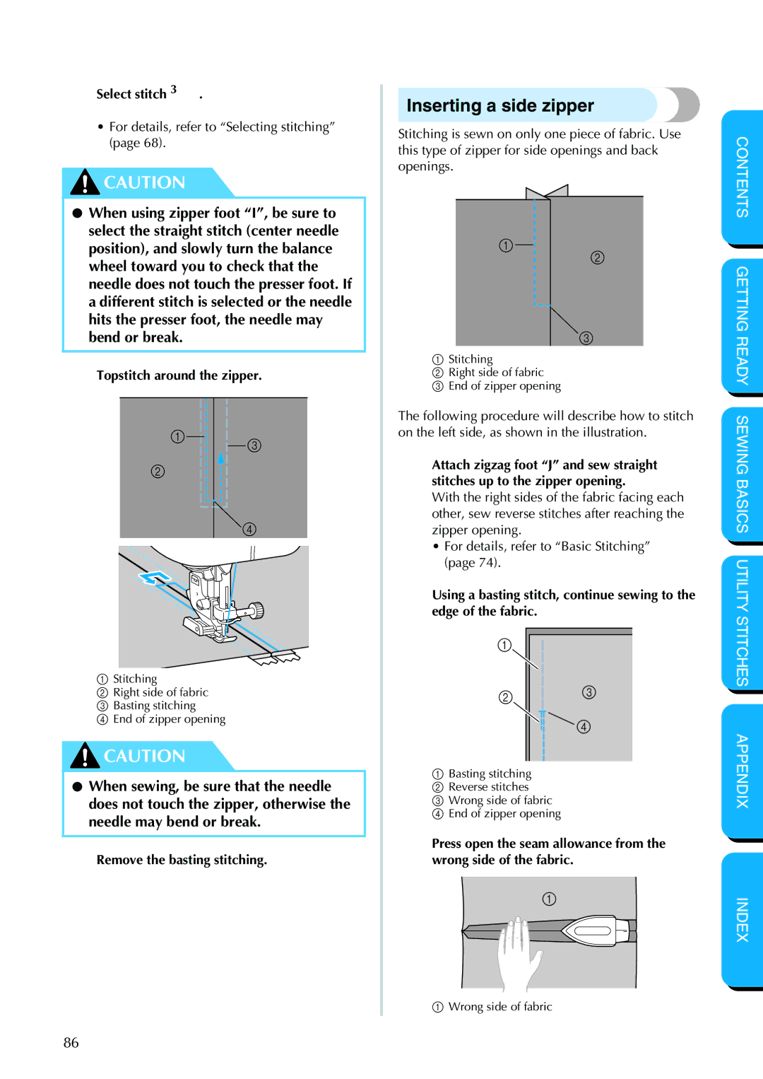 Brother PC-420PRW manual Inserting a side zipper, Press open the seam allowance from 3wrong side of the fabric 