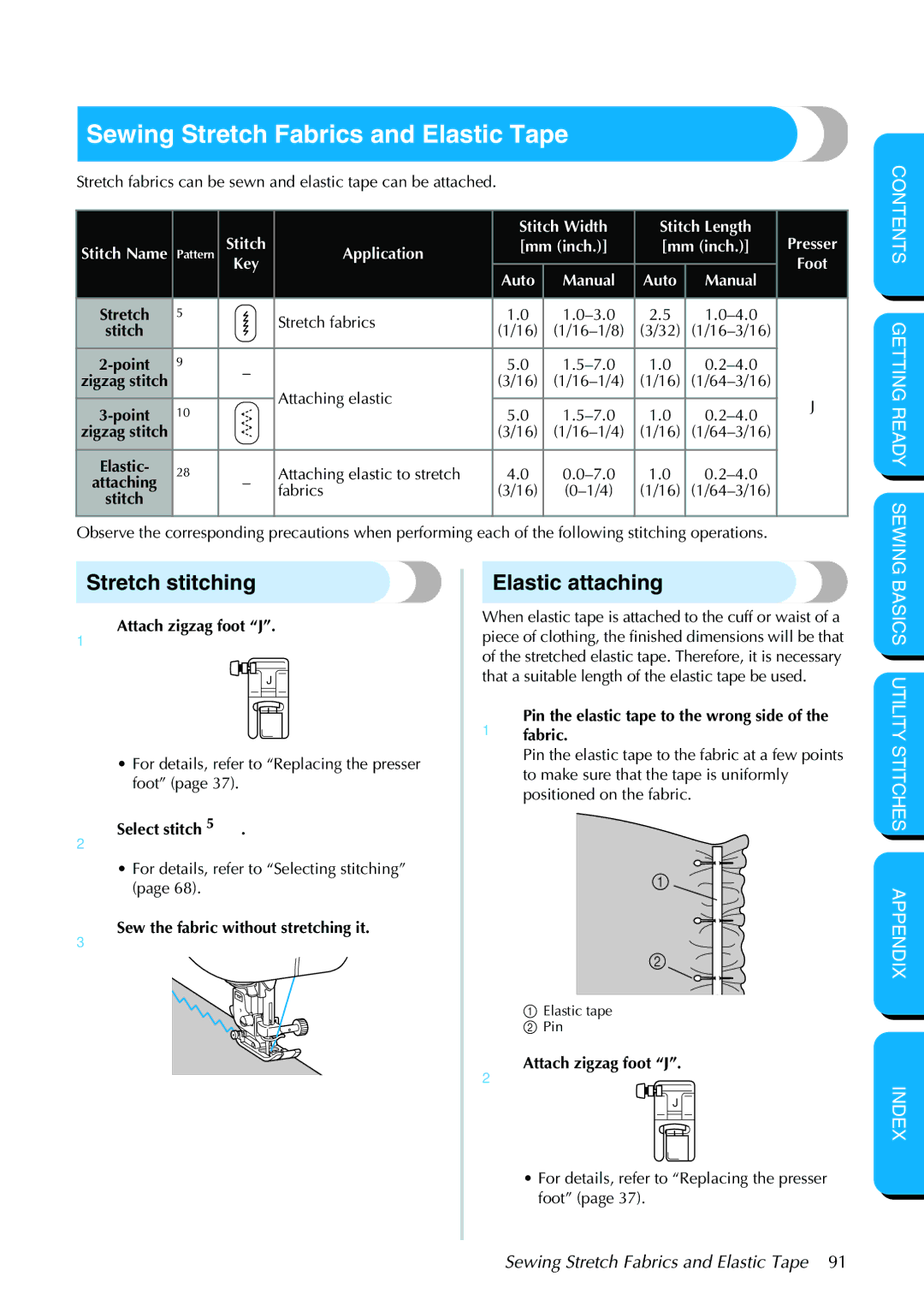 Brother PC-420PRW manual Sewing Stretch Fabrics and Elastic Tape, Stretch stitching, Elastic attaching 