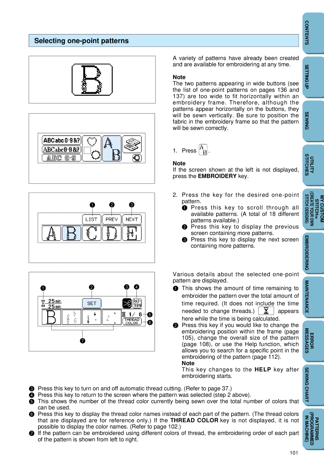 Brother PC 6500 operation manual Selecting one-point patterns 