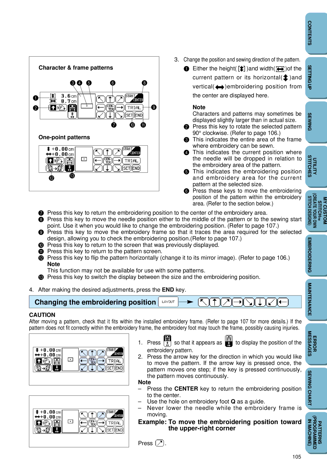 Brother PC 6500 operation manual Changing the embroidering position, Character & frame patterns One-point patterns 