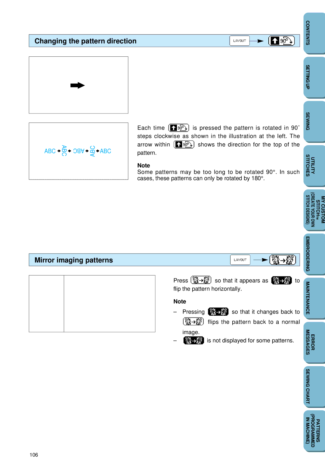 Brother PC 6500 operation manual Changing the pattern direction, Mirror imaging patterns 