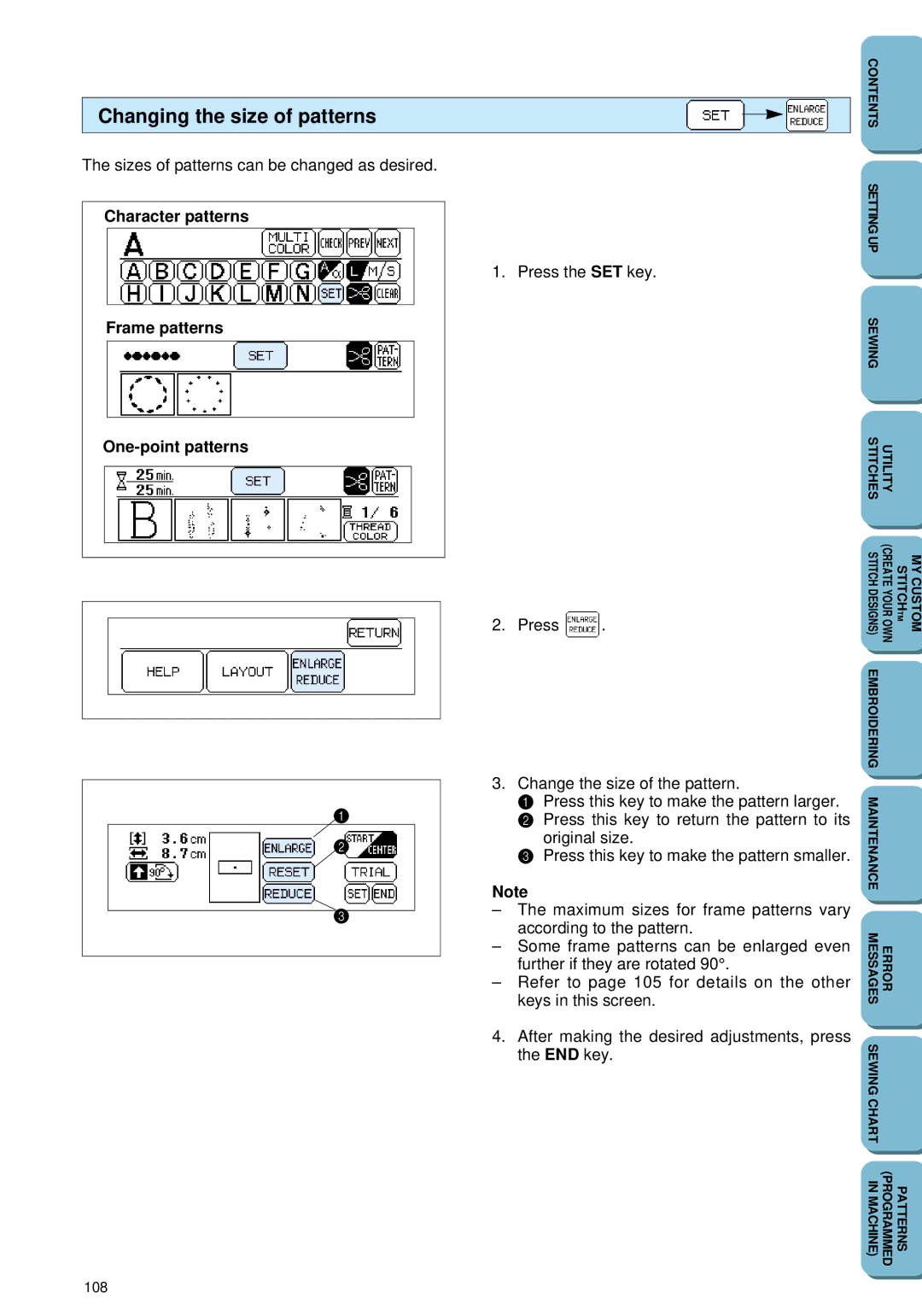 Brother PC 6500 operation manual Changing the size of patterns, Character patterns 