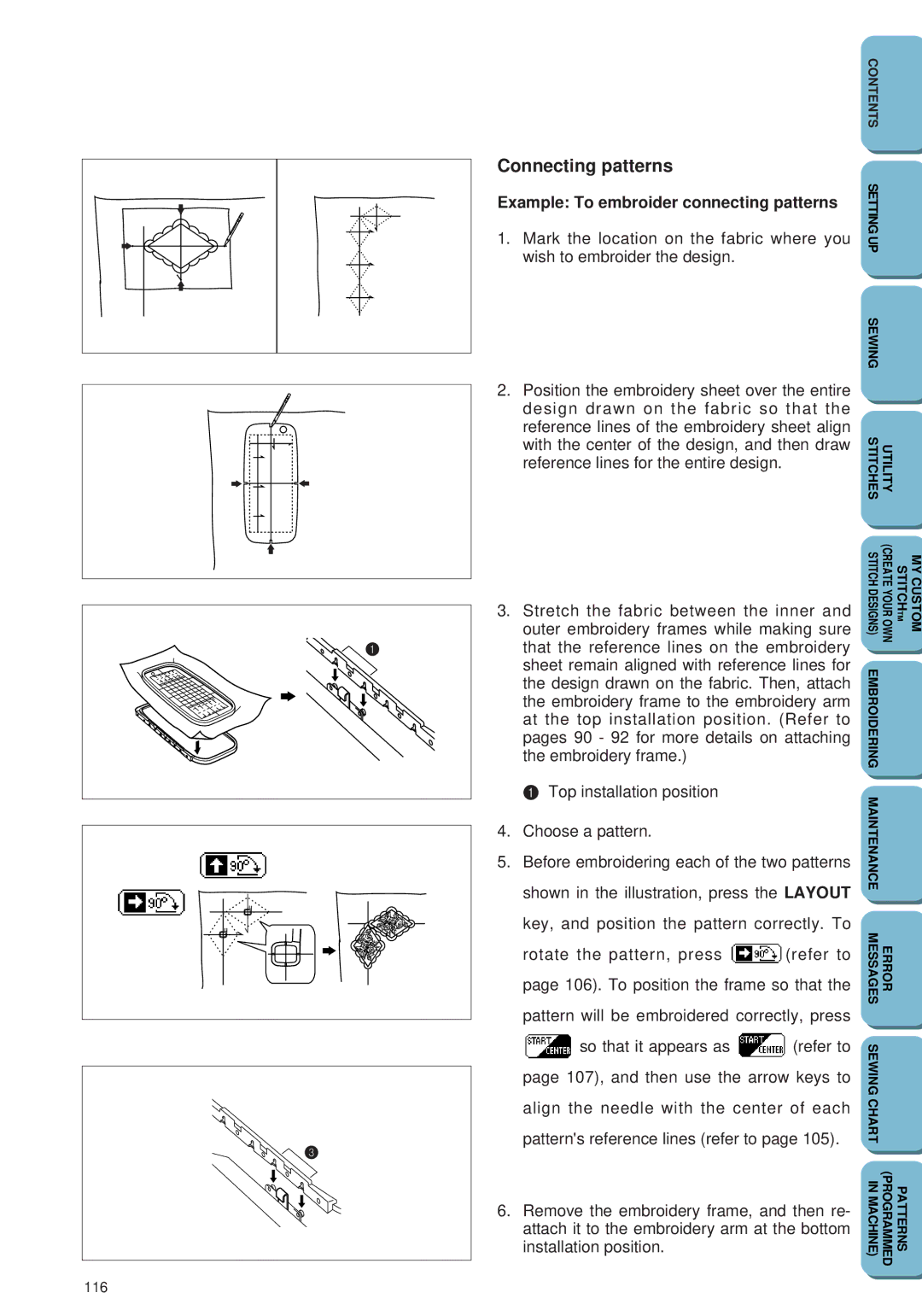 Brother PC 6500 operation manual Connecting patterns, Example To embroider connecting patterns 