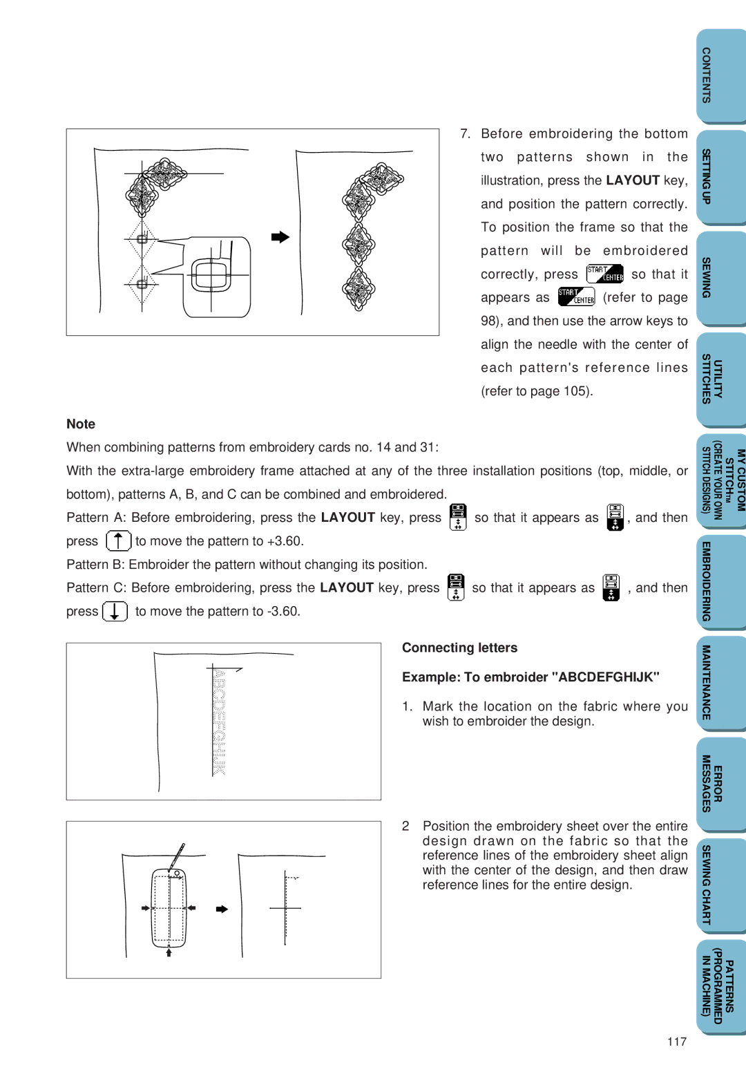 Brother PC 6500 operation manual Connecting letters Example To embroider Abcdefghijk 