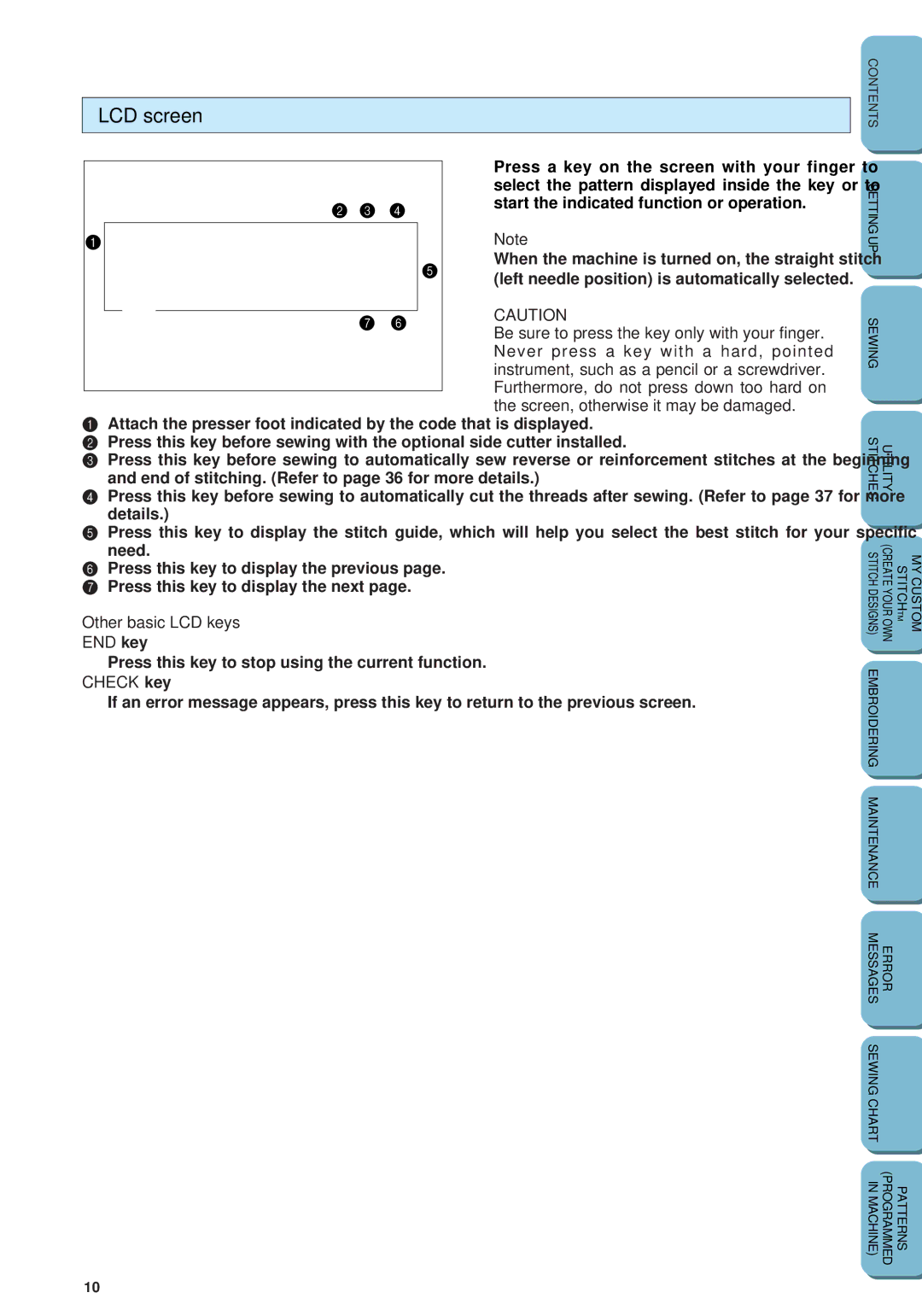 Brother PC 6500 operation manual LCD screen, Other basic LCD keys END key, Check key 