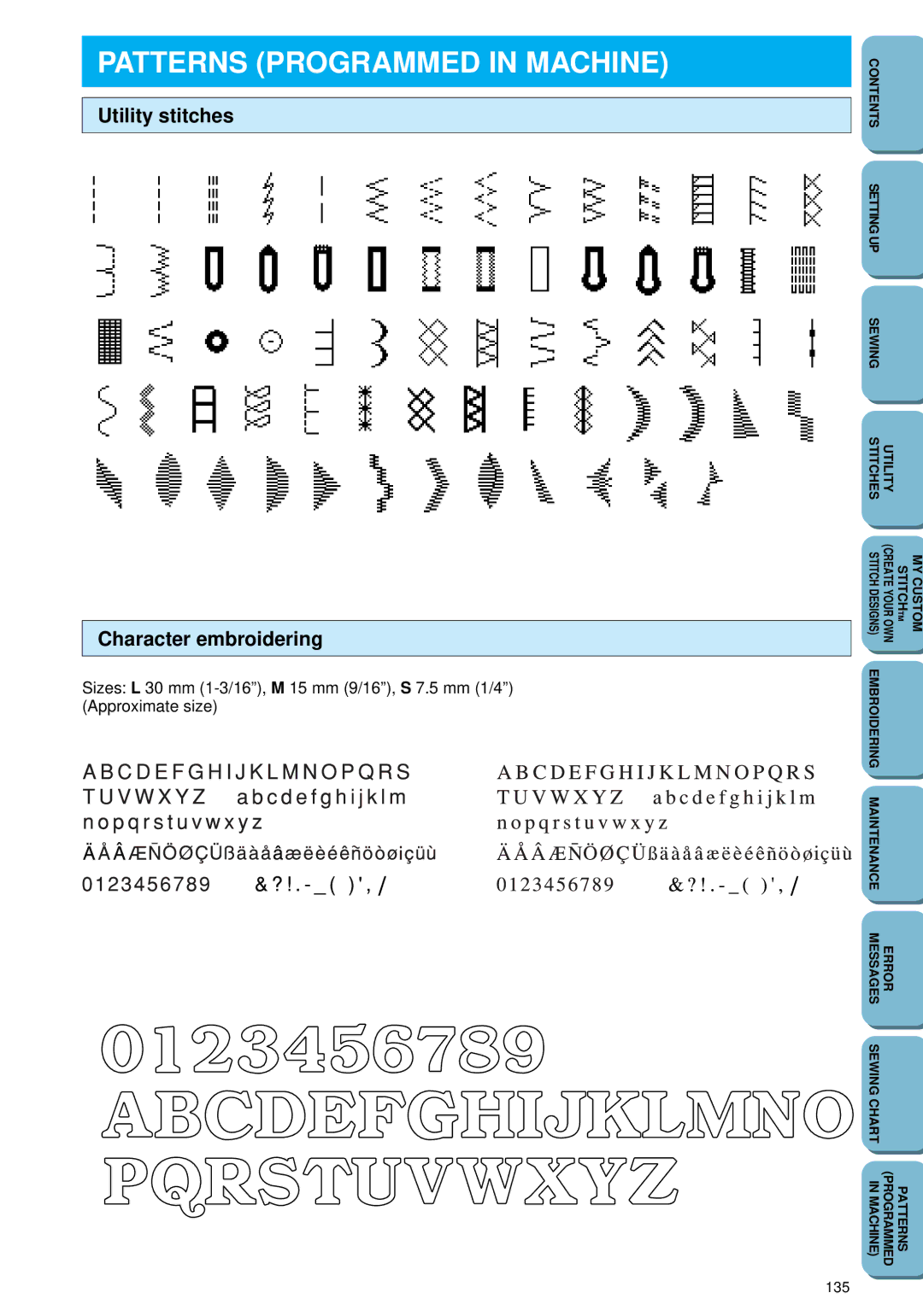 Brother PC 6500 operation manual Patterns Programmed in Machine, Utility stitches Character embroidering 