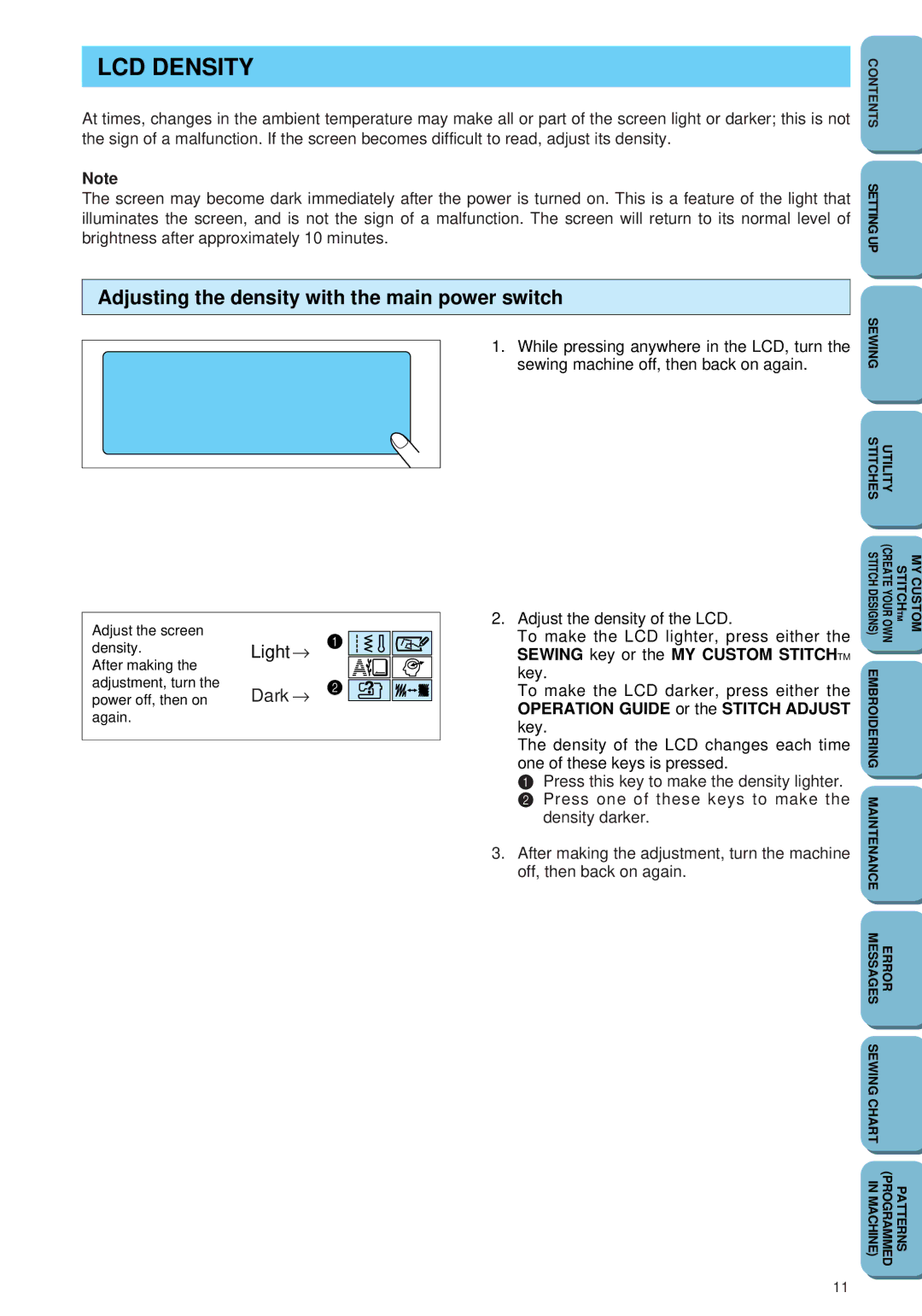 Brother PC 6500 operation manual LCD Density, Adjusting the density with the main power switch 