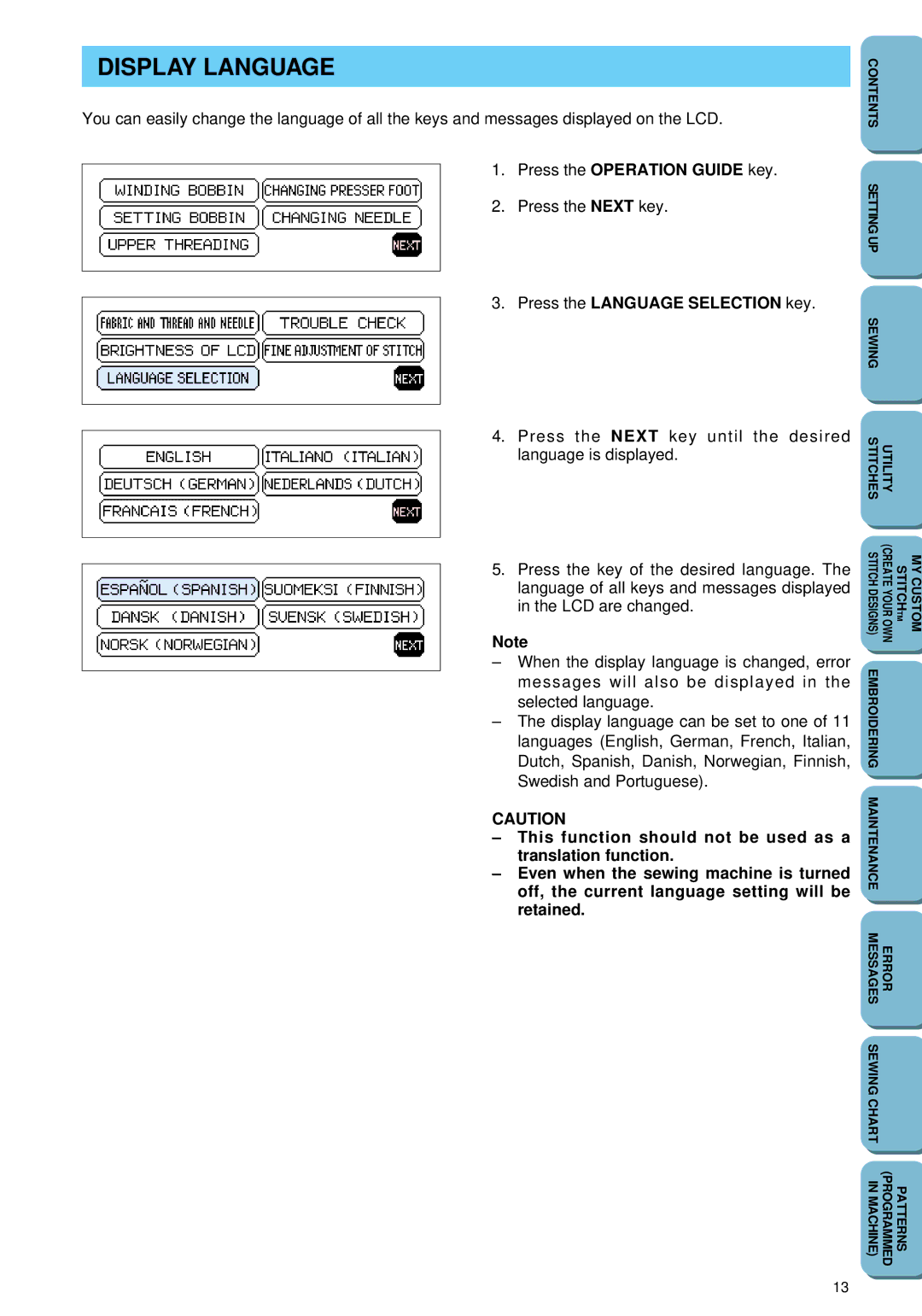 Brother PC 6500 operation manual Display Language, Press the Language Selection key 