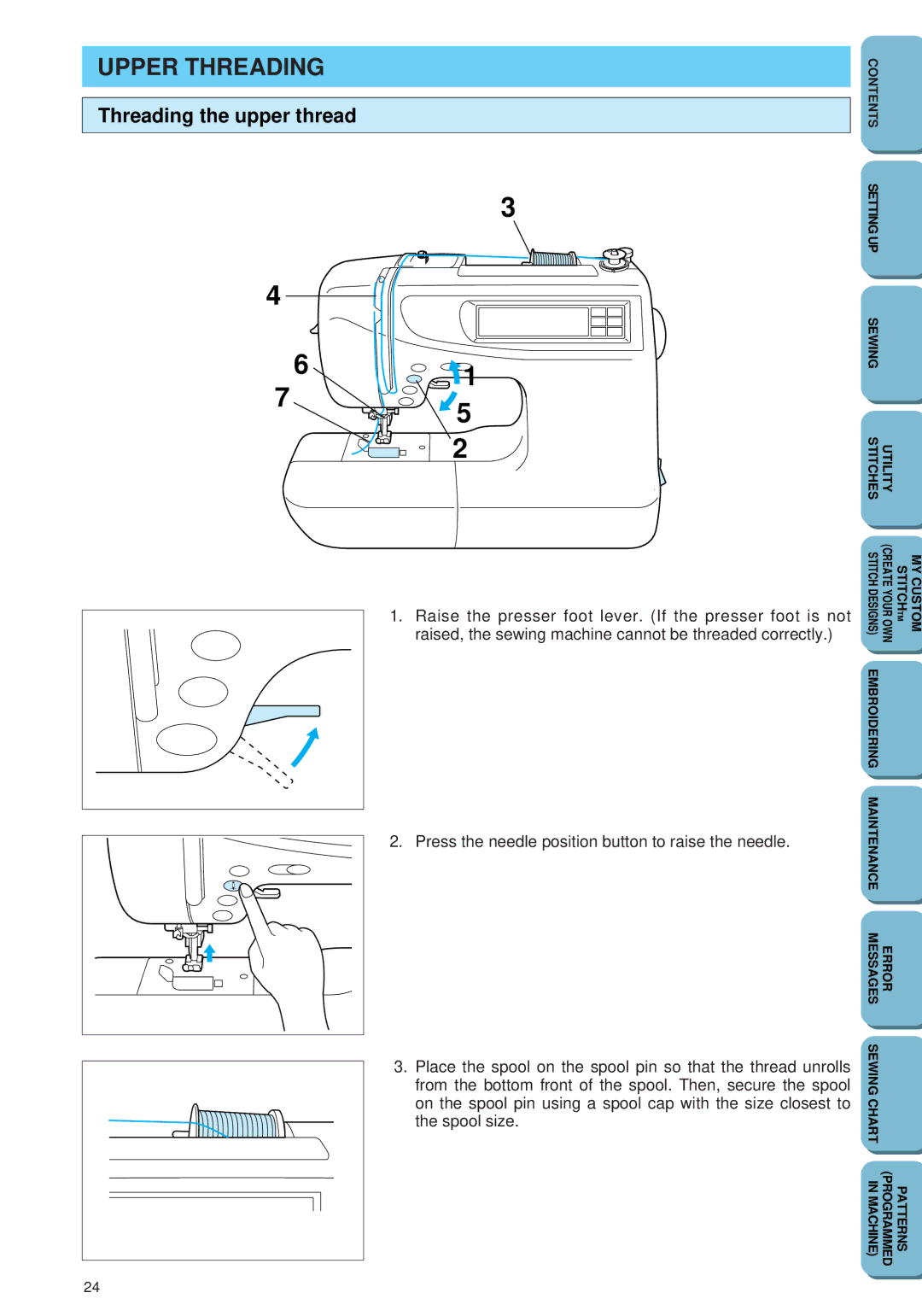 Brother PC 6500 operation manual Upper Threading, Threading the upper thread 