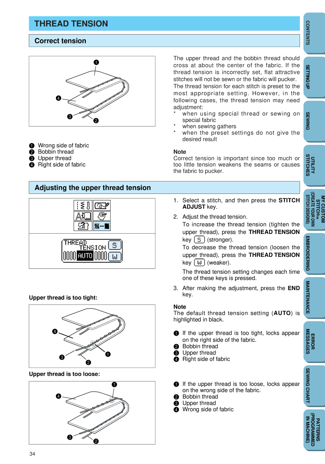 Brother PC 6500 operation manual Thread Tension, Correct tension, Adjusting the upper thread tension 