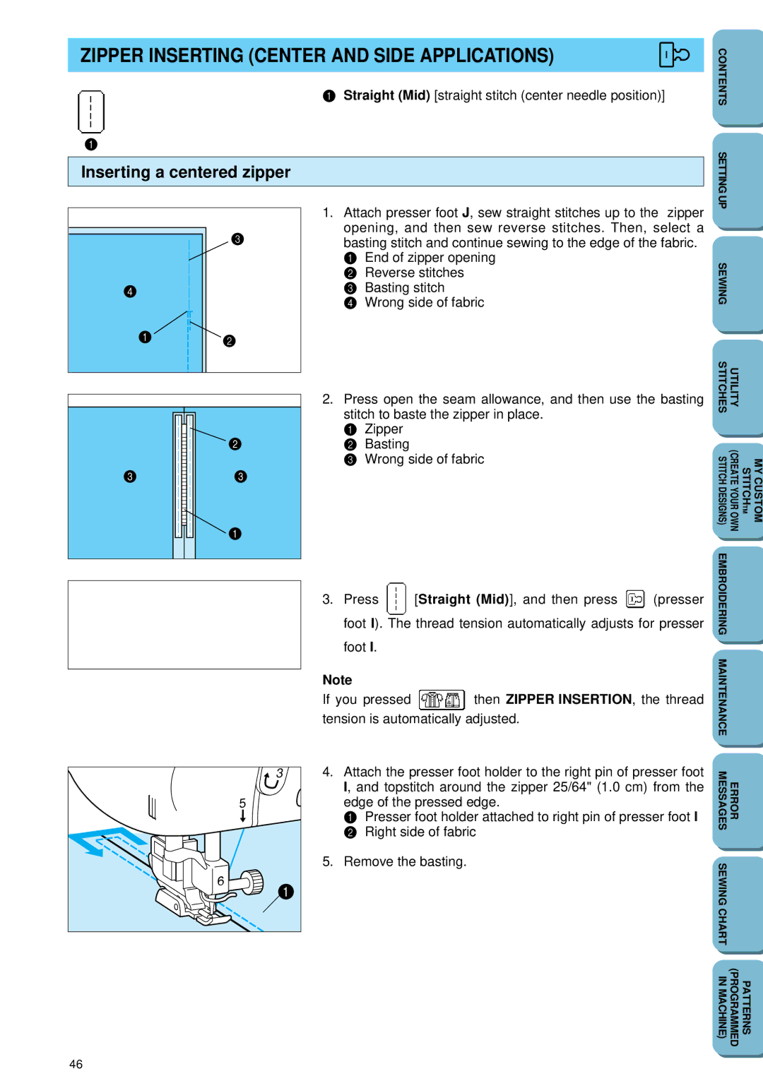 Brother PC 6500 operation manual Zipper Inserting Center and Side Applications, Inserting a centered zipper 