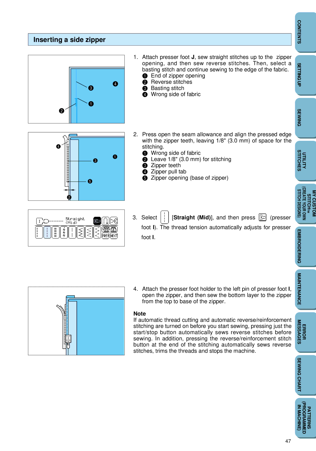 Brother PC 6500 operation manual Inserting a side zipper 