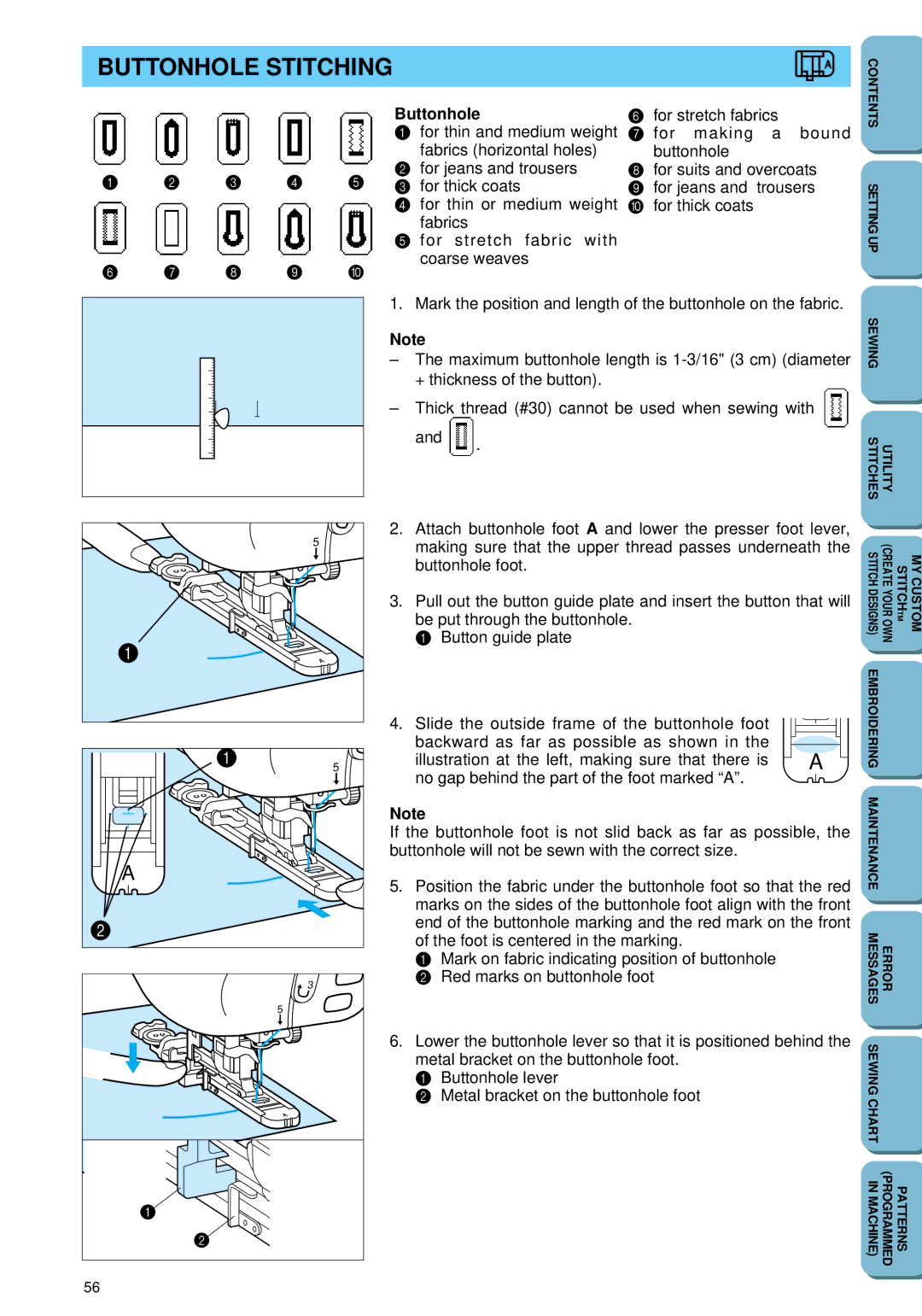 Brother PC 6500 operation manual Buttonhole Stitching 