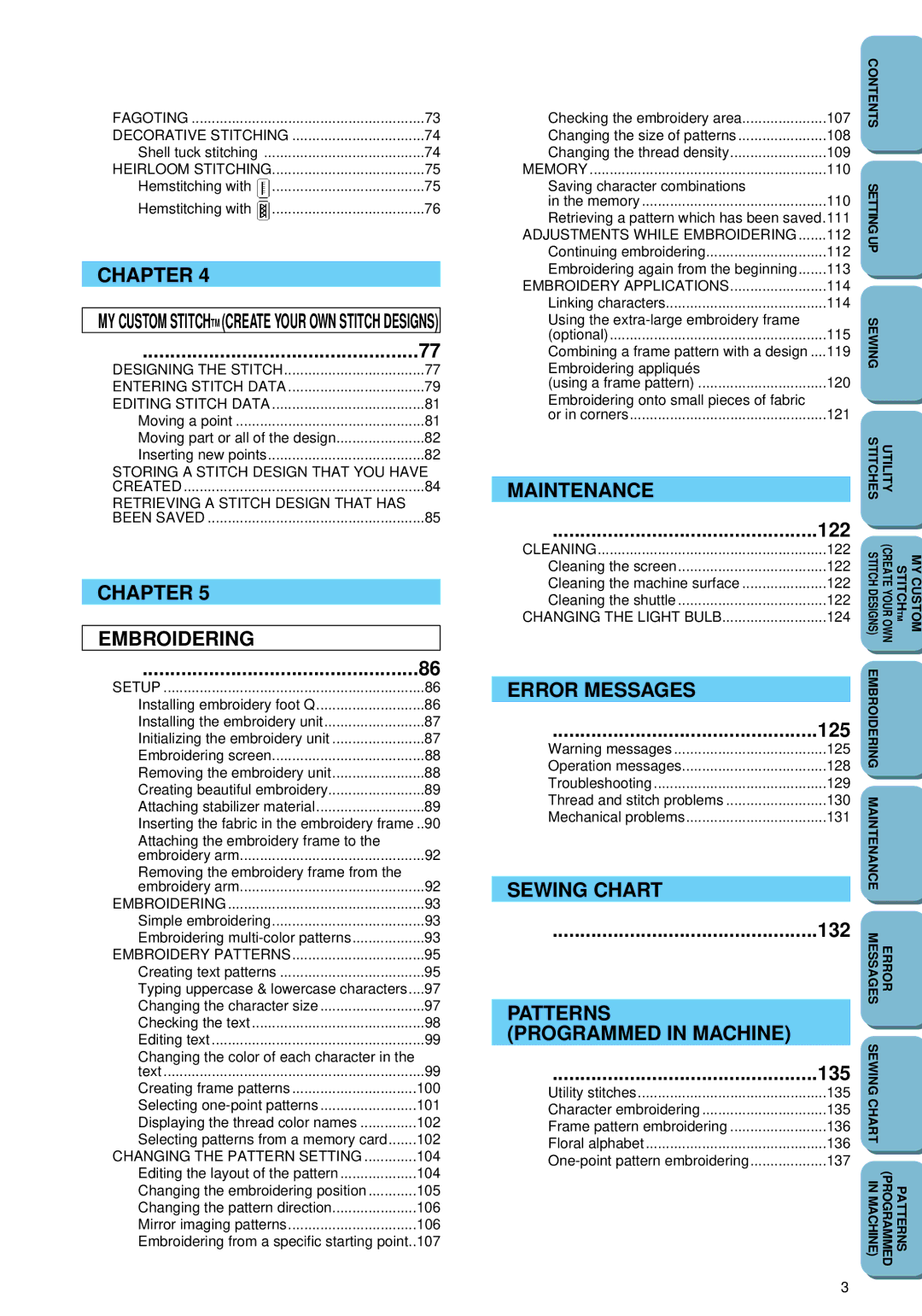 Brother PC 6500 operation manual 122, 125, 132, 135 