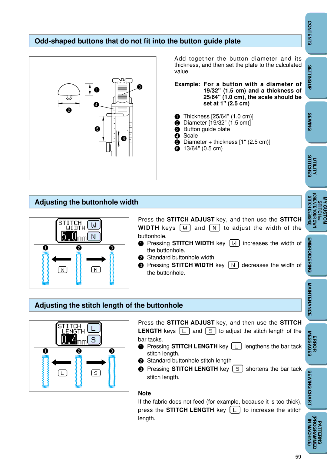 Brother PC 6500 operation manual Adjusting the buttonhole width 