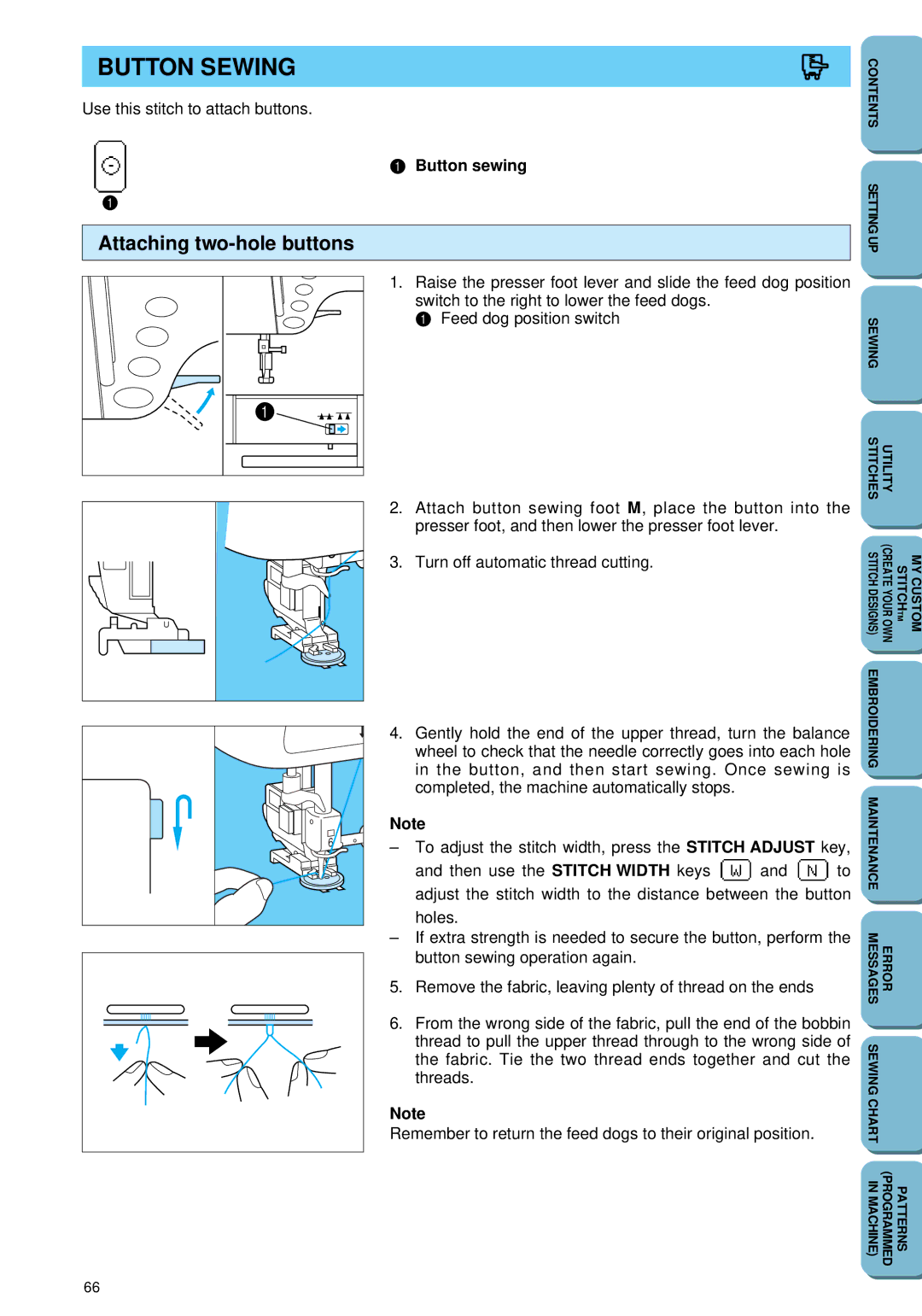 Brother PC 6500 operation manual Button Sewing, Attaching two-hole buttons, Button sewing Settingup 