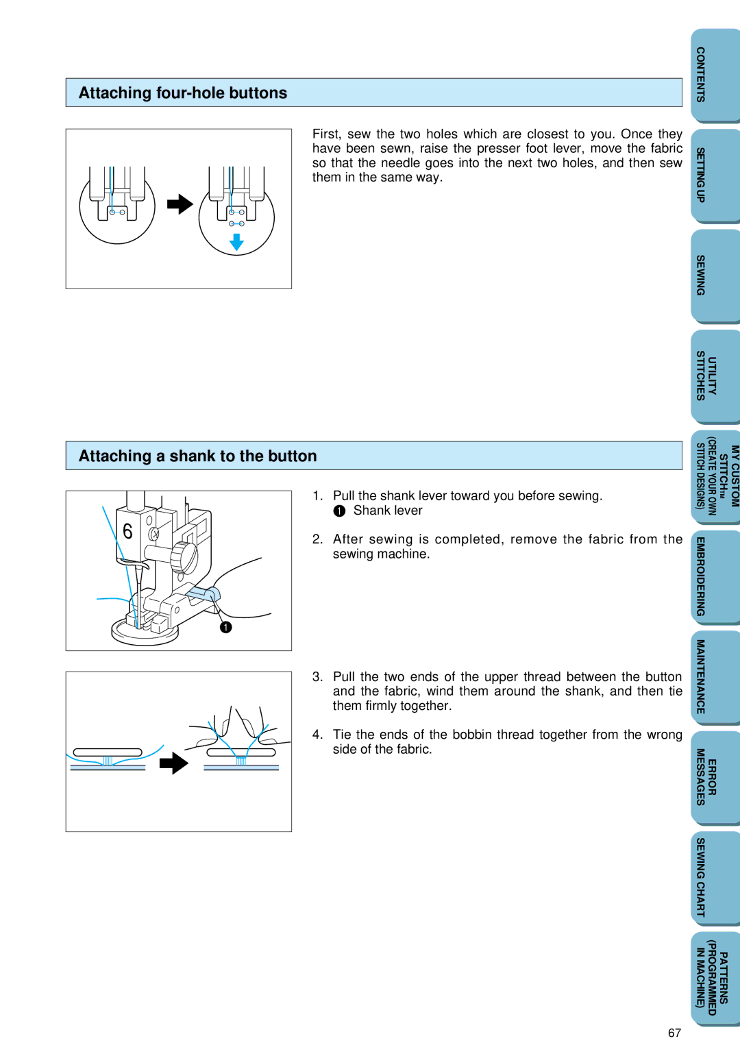 Brother PC 6500 operation manual Attaching four-hole buttons, Attaching a shank to the button 