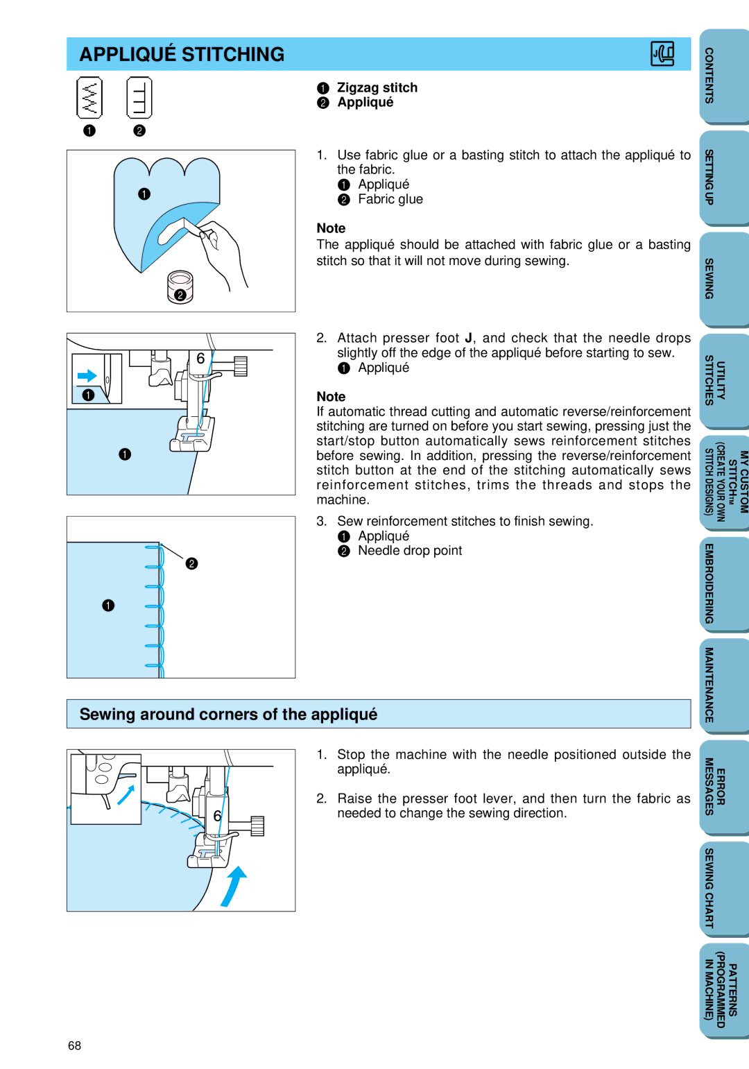 Brother PC 6500 operation manual Appliqué Stitching, Sewing around corners of the appliqué, Zigzag stitch Appliqué 