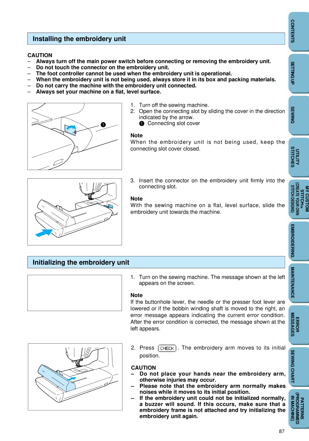 Brother PC 6500 operation manual Installing the embroidery unit, Initializing the embroidery unit 