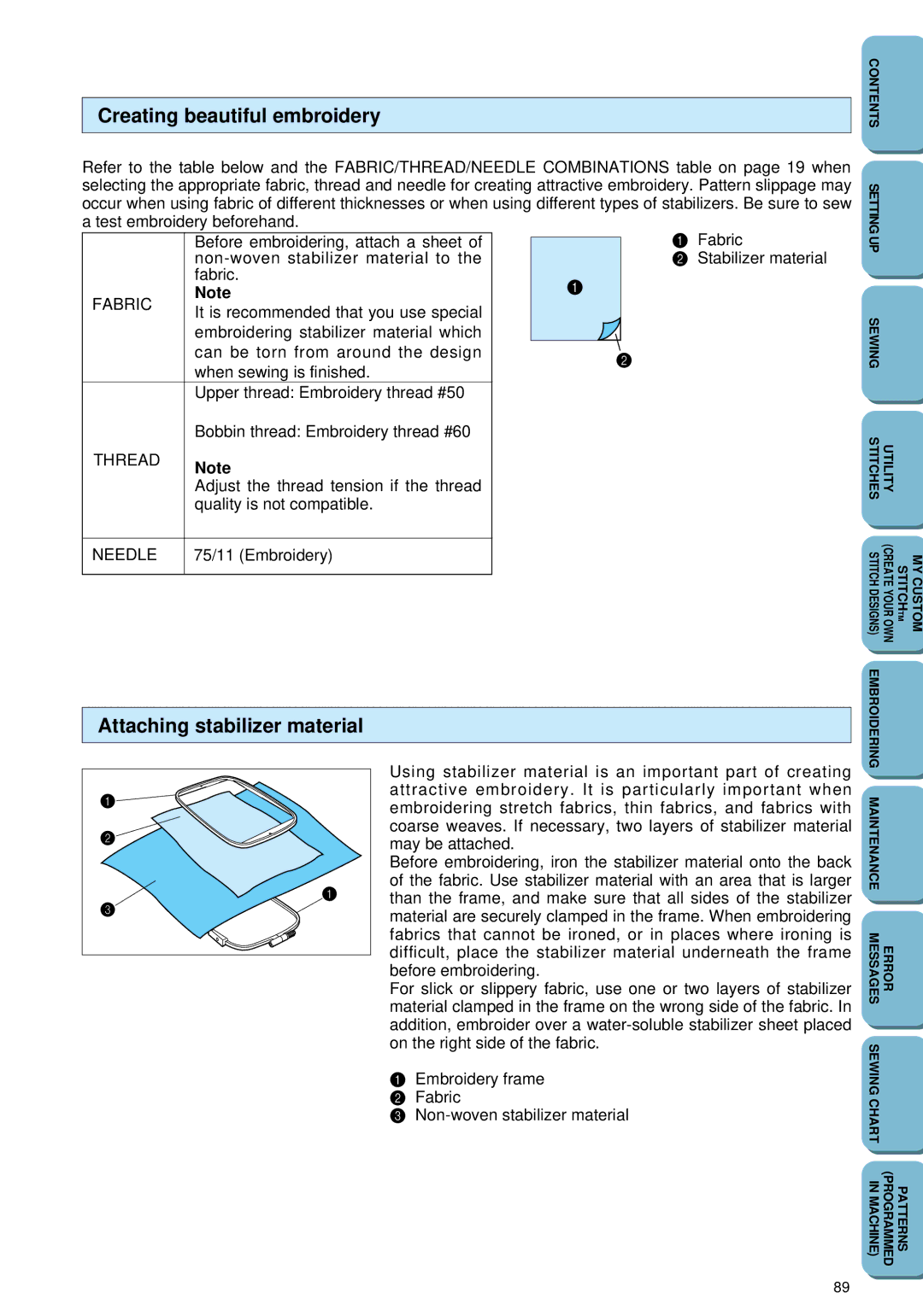 Brother PC 6500 operation manual Creating beautiful embroidery, Attaching stabilizer material 