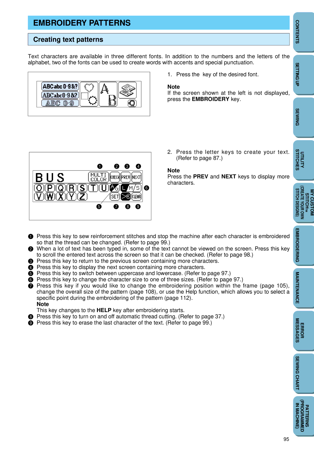 Brother PC 6500 operation manual Embroidery Patterns, Creating text patterns 