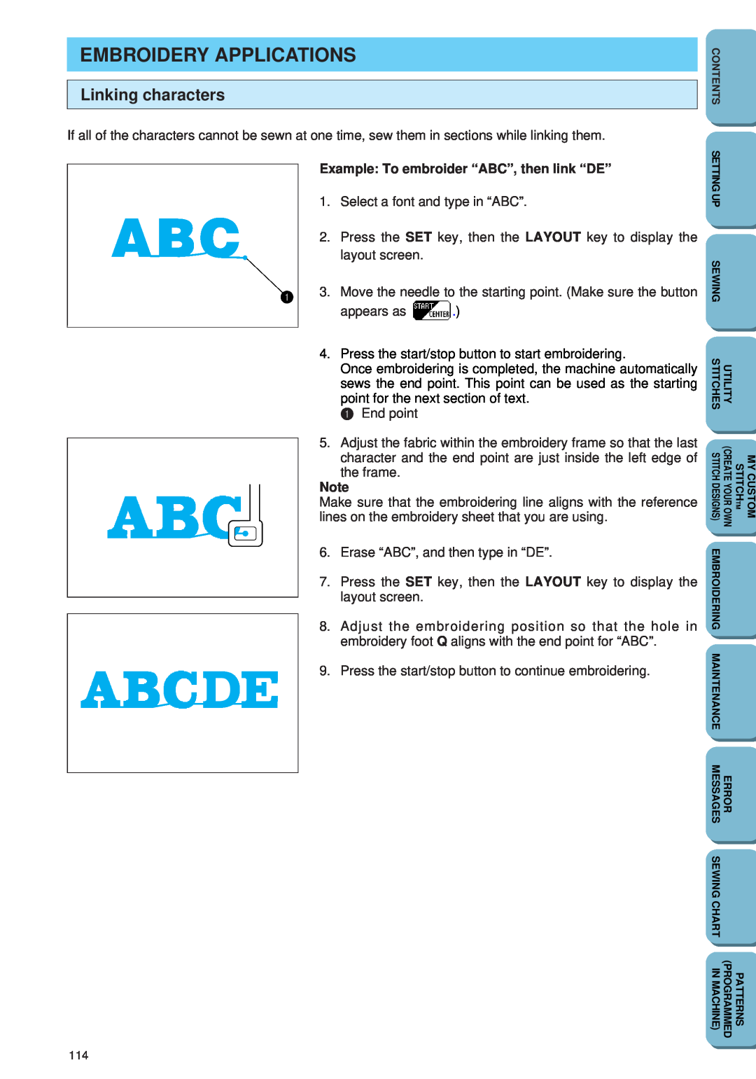 Brother PC 6500 operation manual Embroidery Applications, Linking characters, Example To embroider “ABC”, then link “DE” 
