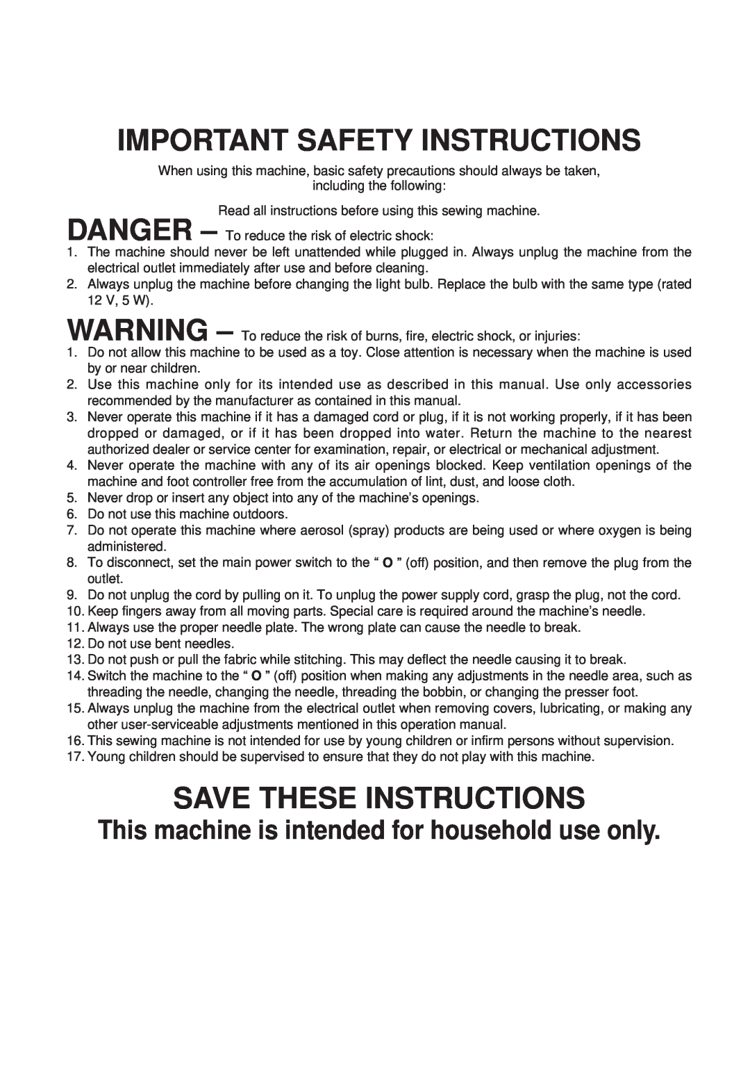 Brother PC 6500 Important Safety Instructions, Save These Instructions, This machine is intended for household use only 