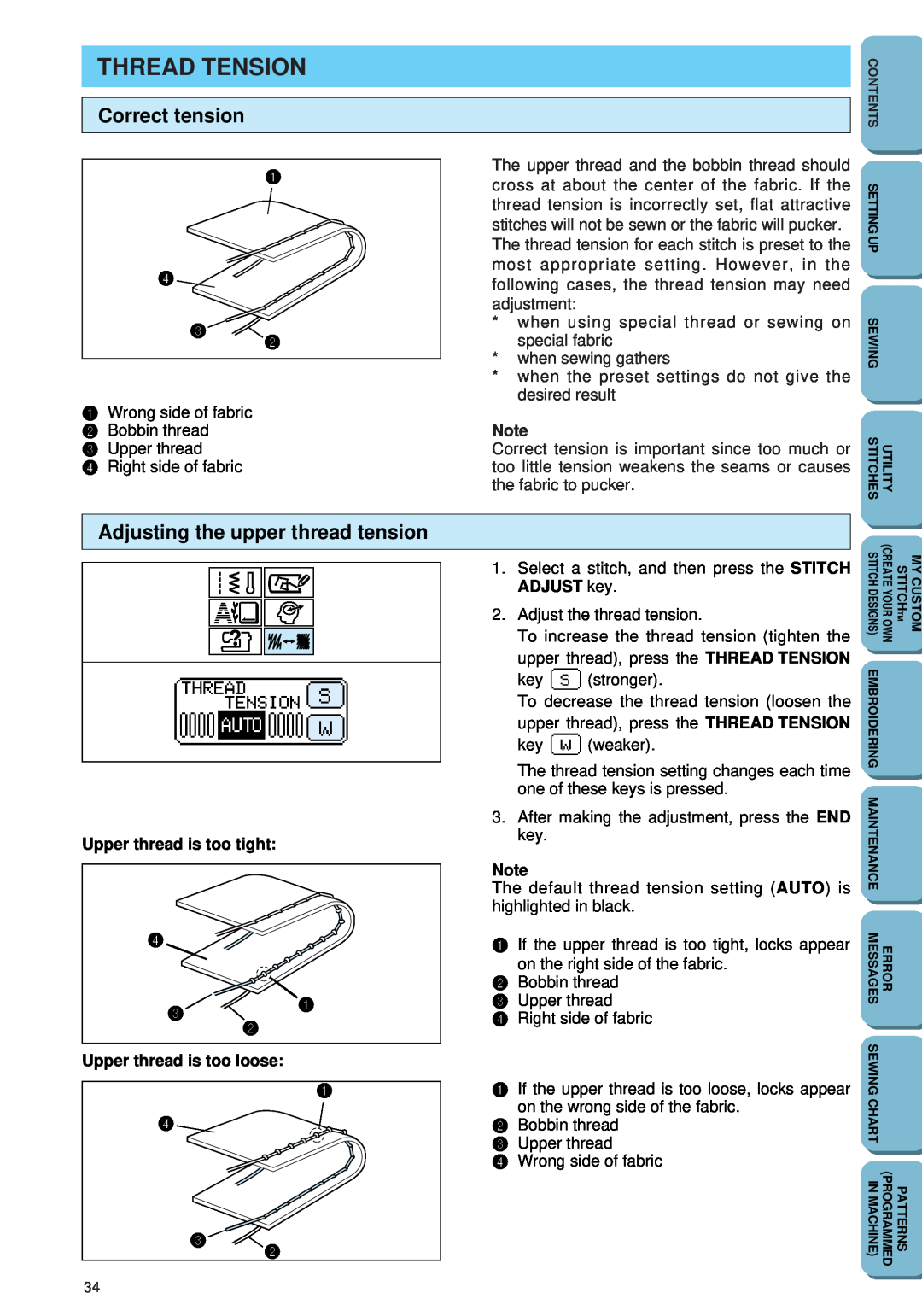 Brother PC 6500 Thread Tension, Correct tension, Adjusting the upper thread tension, Upper thread is too tight 