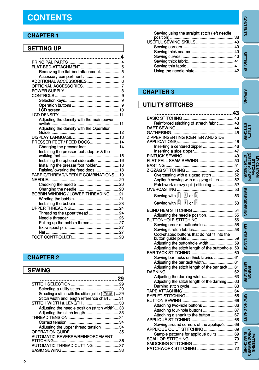 Brother PC 6500 operation manual Contents, Chapter Setting Up, Sewing, Chapter Utility Stitches 