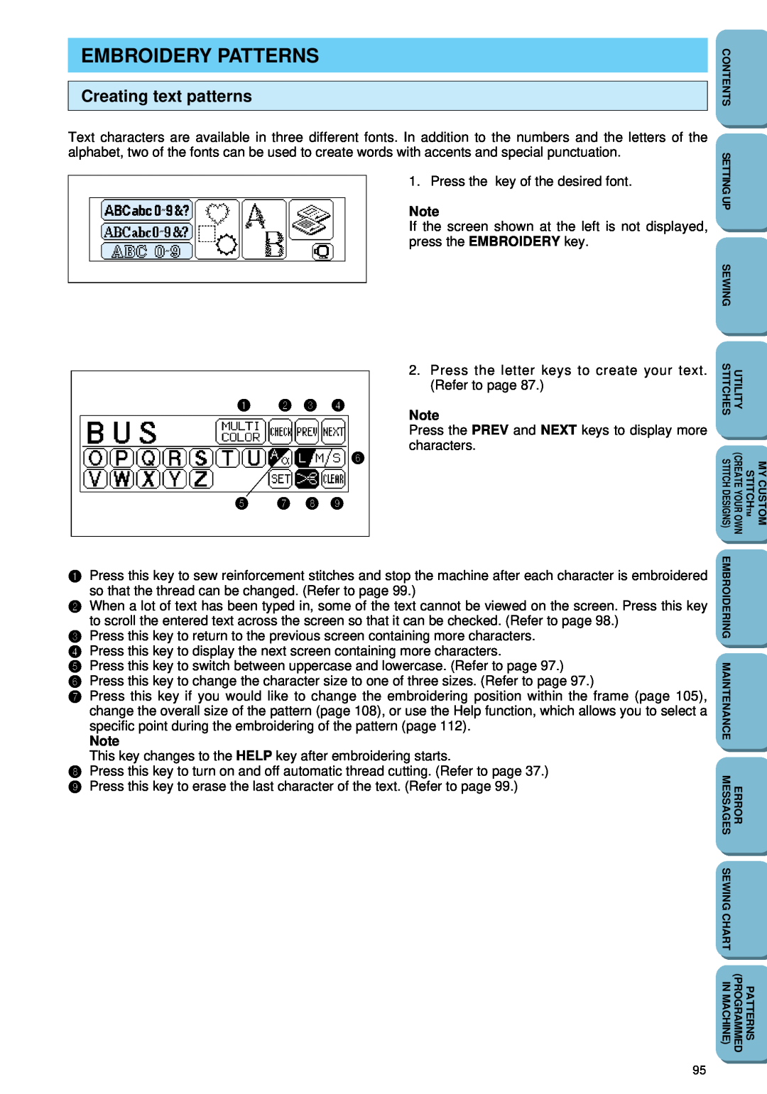Brother PC 6500 operation manual Embroidery Patterns, Creating text patterns 