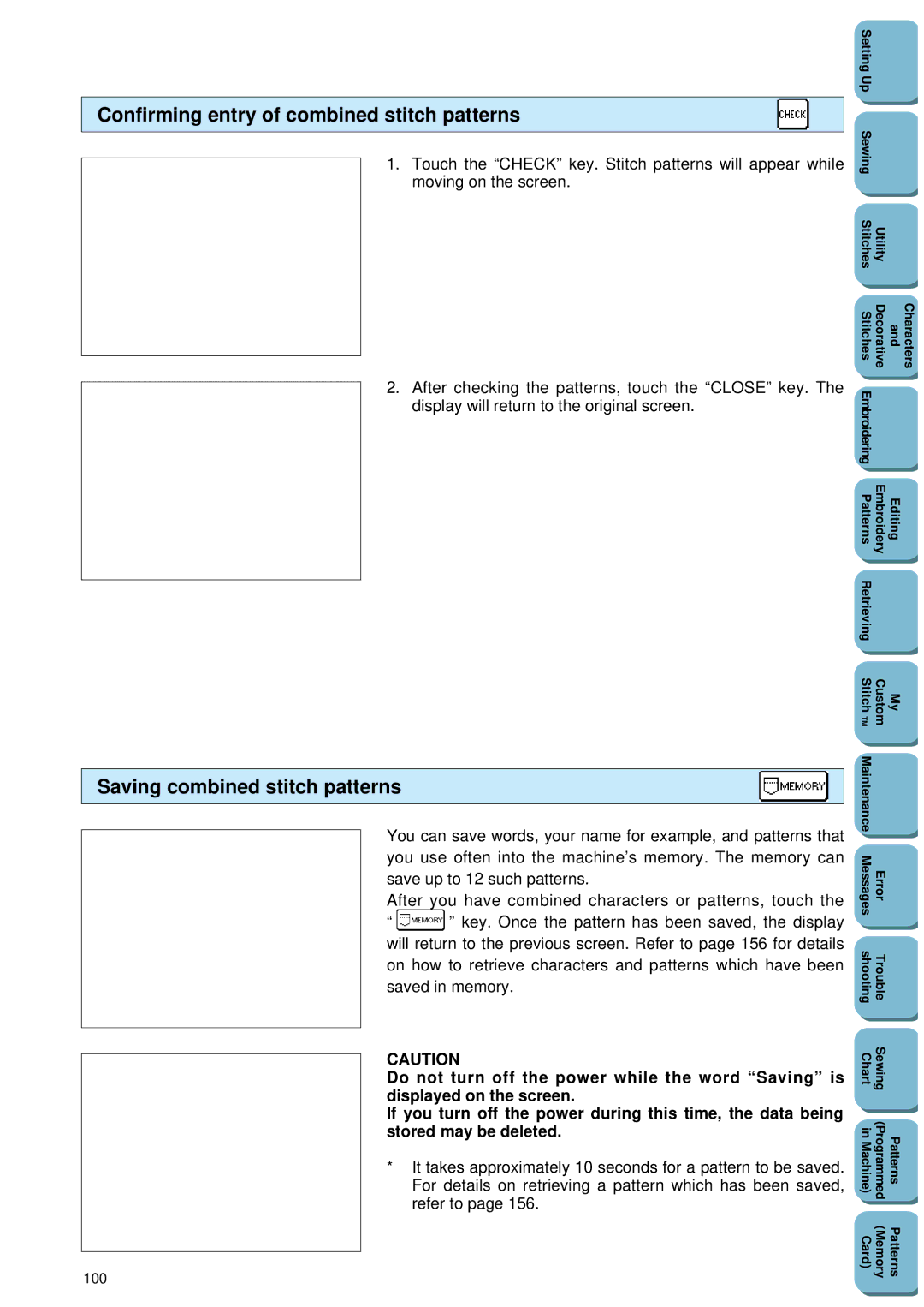 Brother PC 8500 manual Confirming entry of combined stitch patterns, Saving combined stitch patterns, 100 