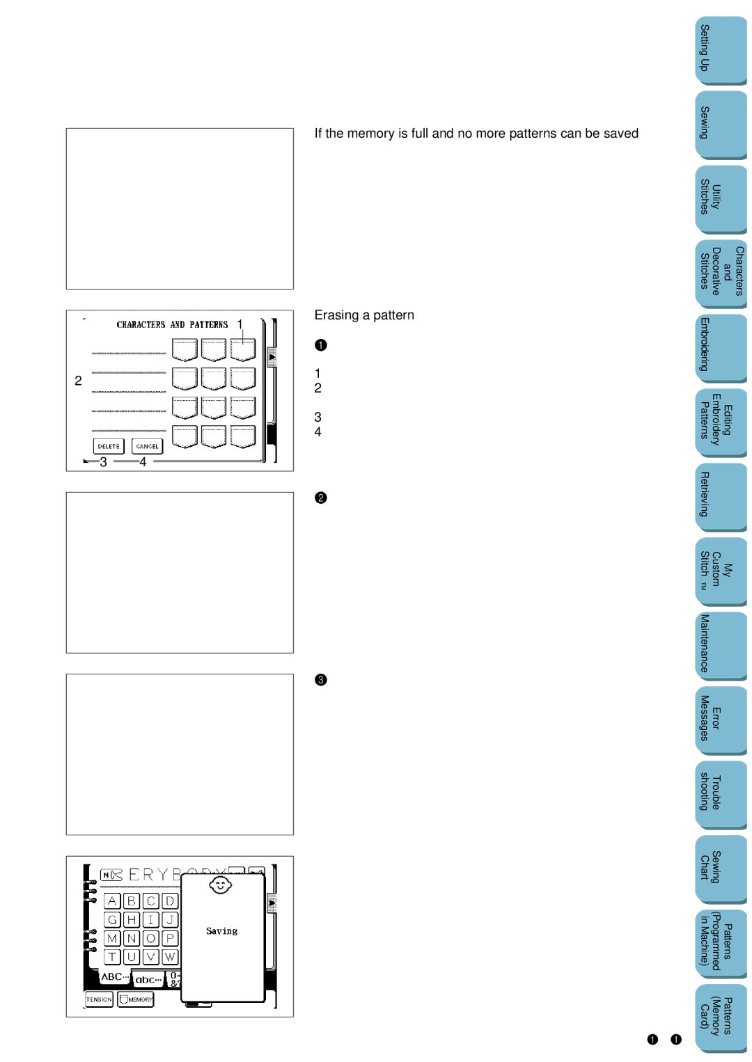 Brother PC 8500 manual If the memory is full and no more patterns can be saved, Erasing a pattern, 101 