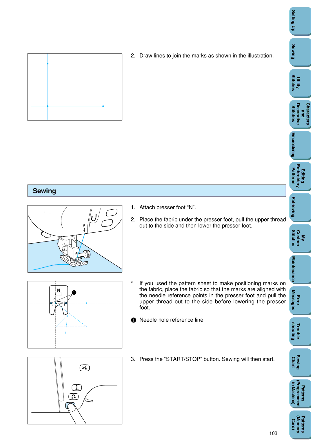 Brother PC 8500 manual Needle hole reference line, Press the START/STOP button. Sewing will then start 