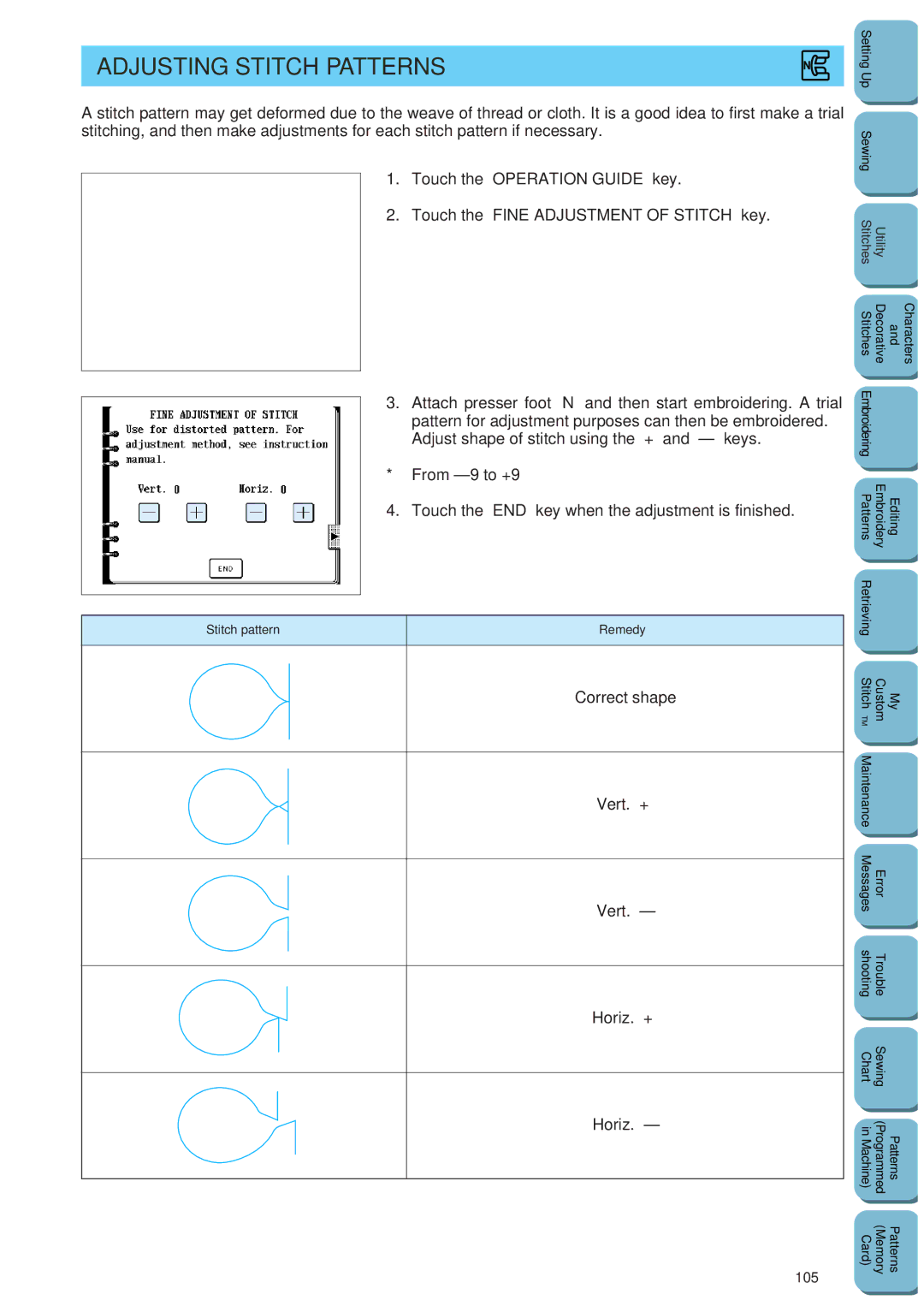 Brother PC 8500 manual Adjusting Stitch Patterns, Correct shape Vert. + Horiz. +, 105 