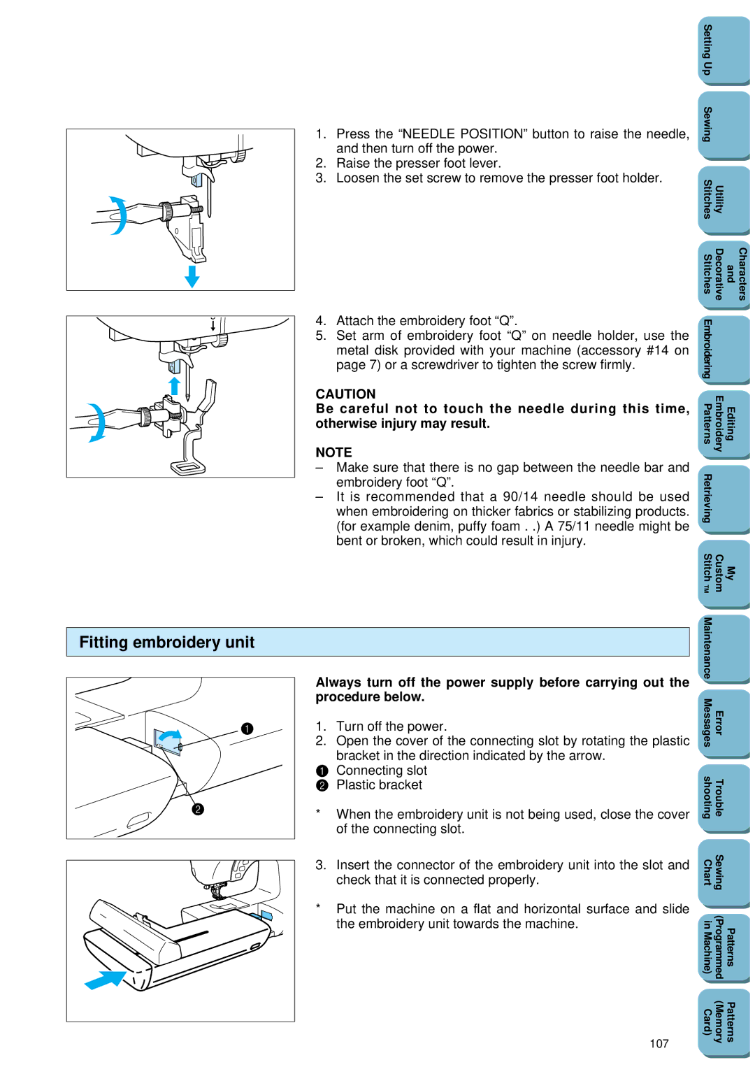 Brother PC 8500 manual Fitting embroidery unit, 107 