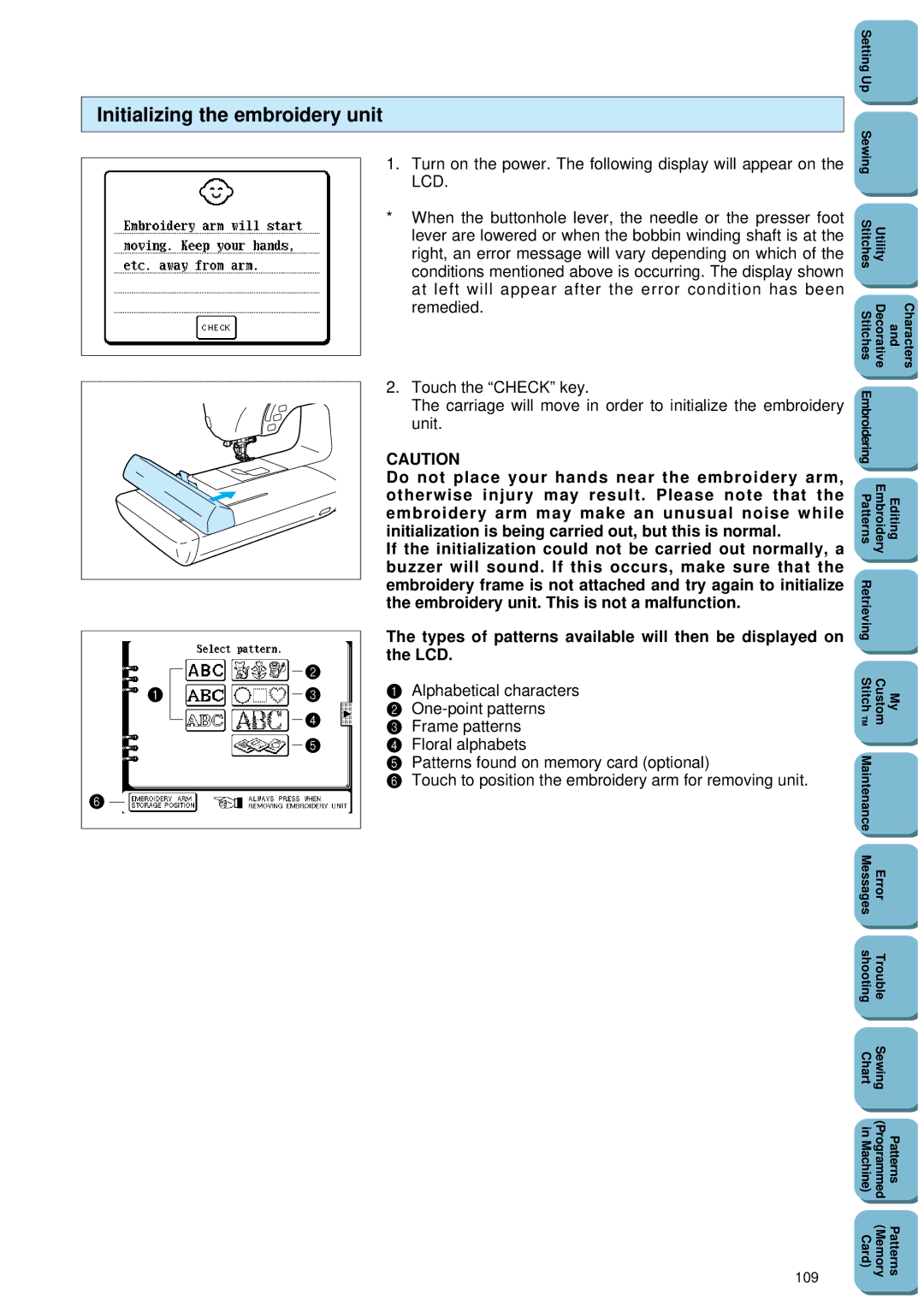 Brother PC 8500 manual Initializing the embroidery unit, 109 