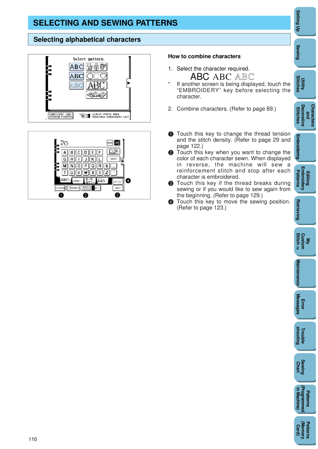 Brother PC 8500 manual Selecting and Sewing Patterns, Selecting alphabetical characters, How to combine characters, 110 