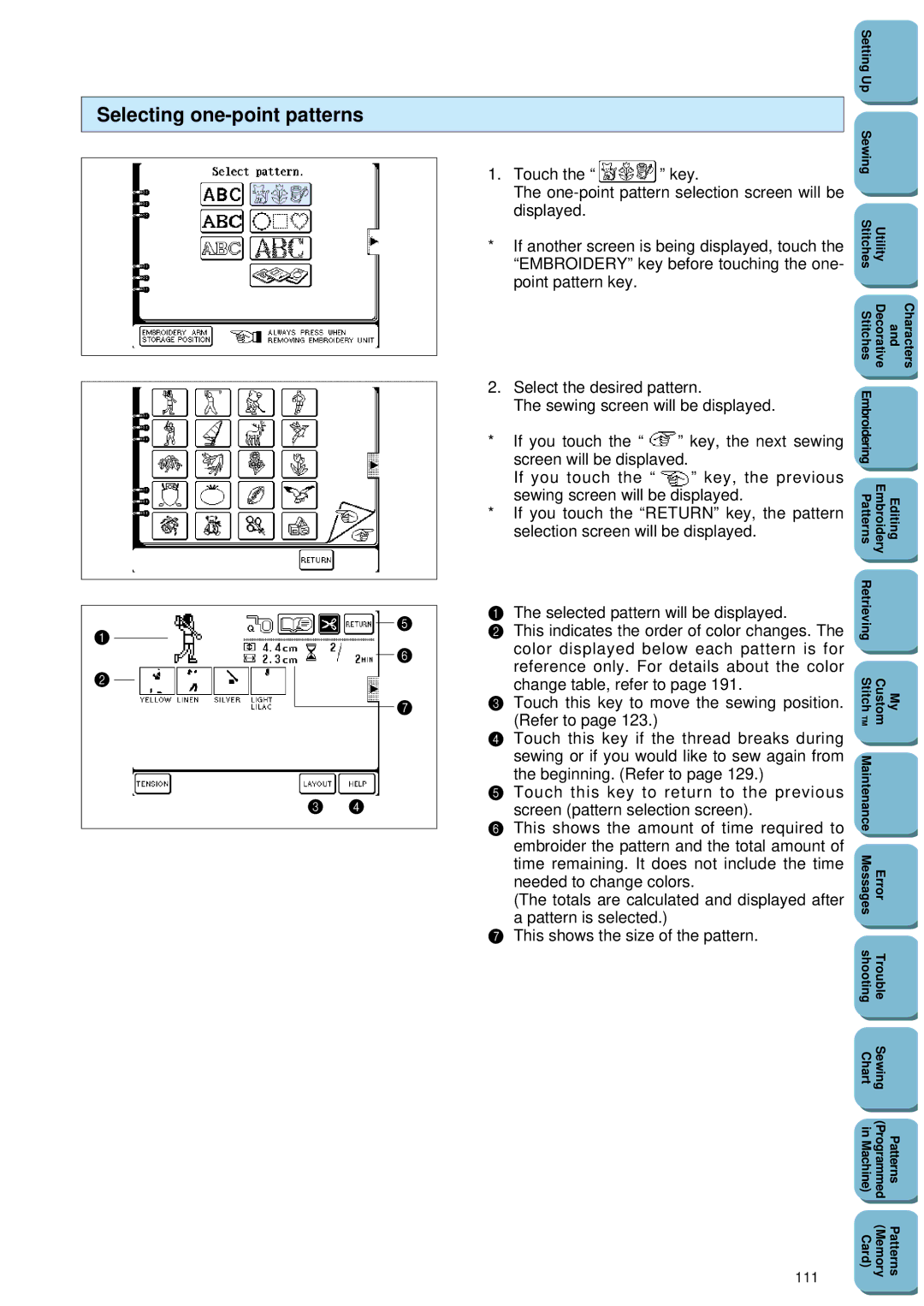 Brother PC 8500 manual Selecting one-point patterns, Screen will be displayed, 111 