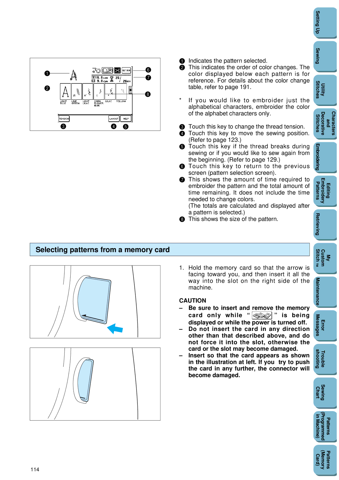 Brother PC 8500 manual Selecting patterns from a memory card, 114 