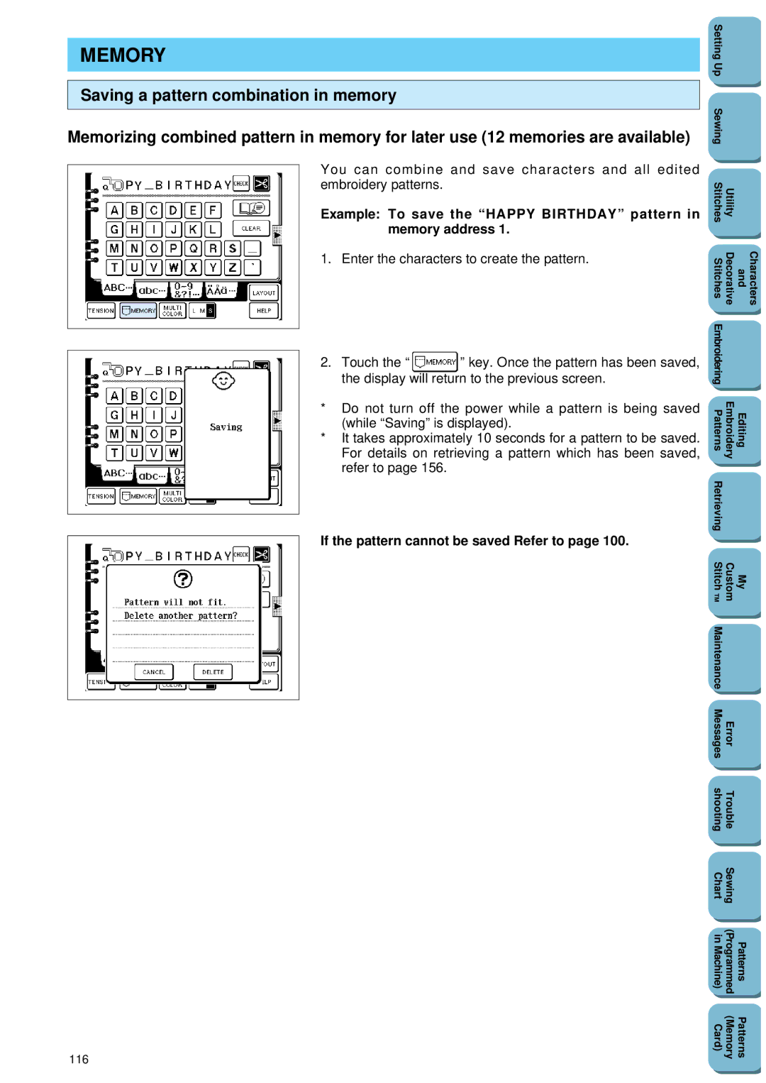 Brother PC 8500 manual Memory, If the pattern cannot be saved Refer to, 116 