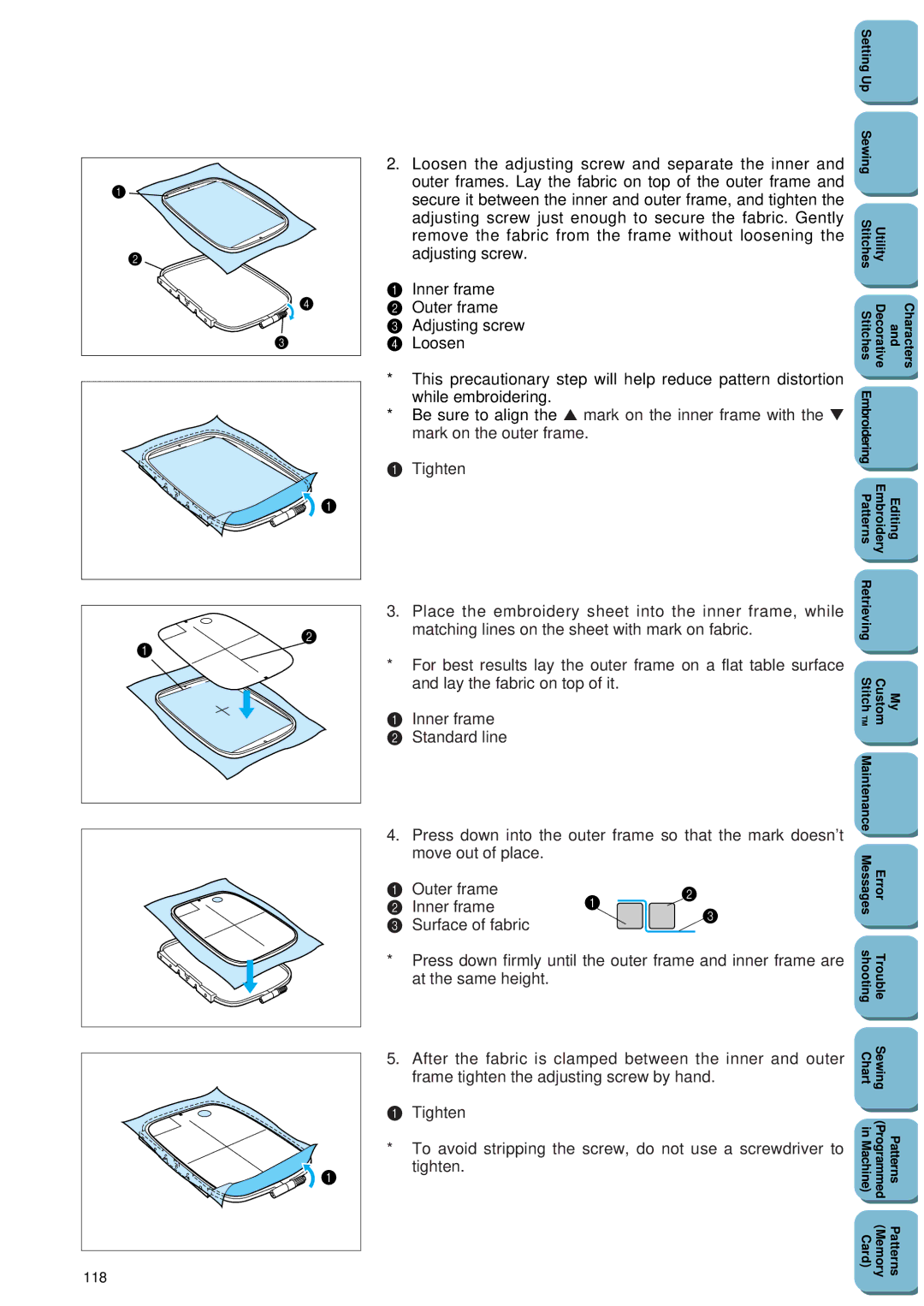 Brother PC 8500 manual Outer frame Inner frame Surface of fabric, 118 