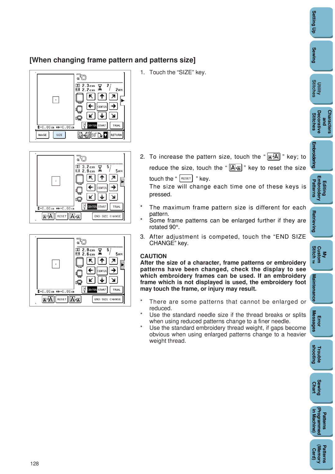 Brother PC 8500 manual When changing frame pattern and patterns size, 128 